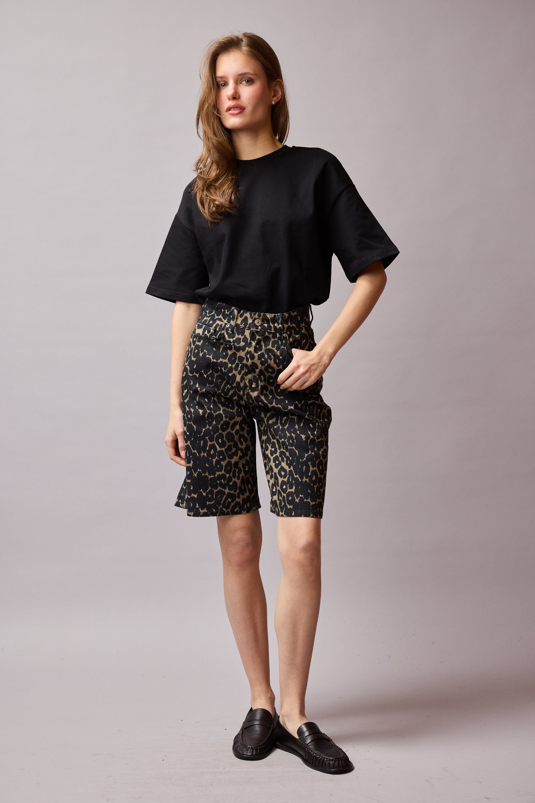 STRAIGHT FIT HIGH WAIST BERMUDA JEANS LEOPARD