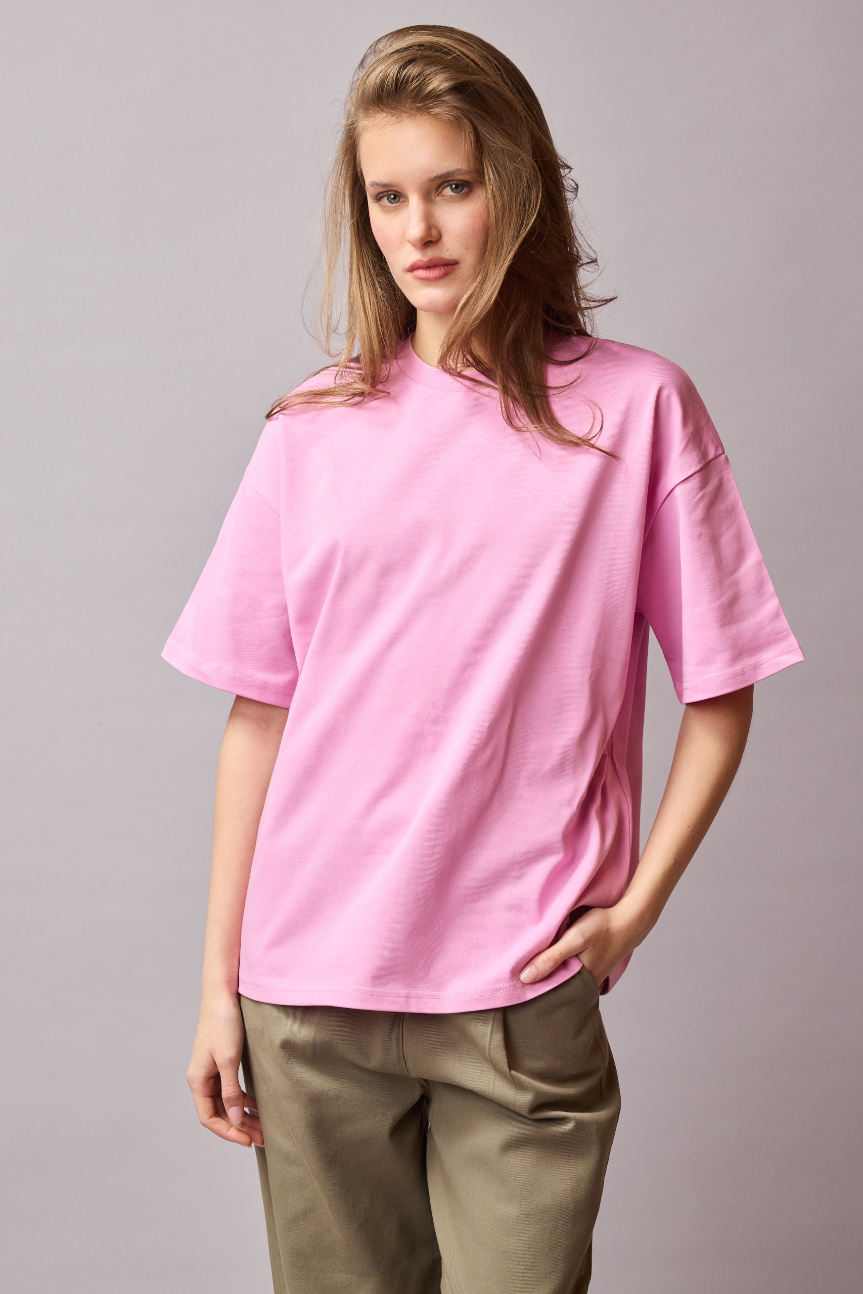 OVERSIZE KISA KOLLU PAMUK T-SHIRT PINK