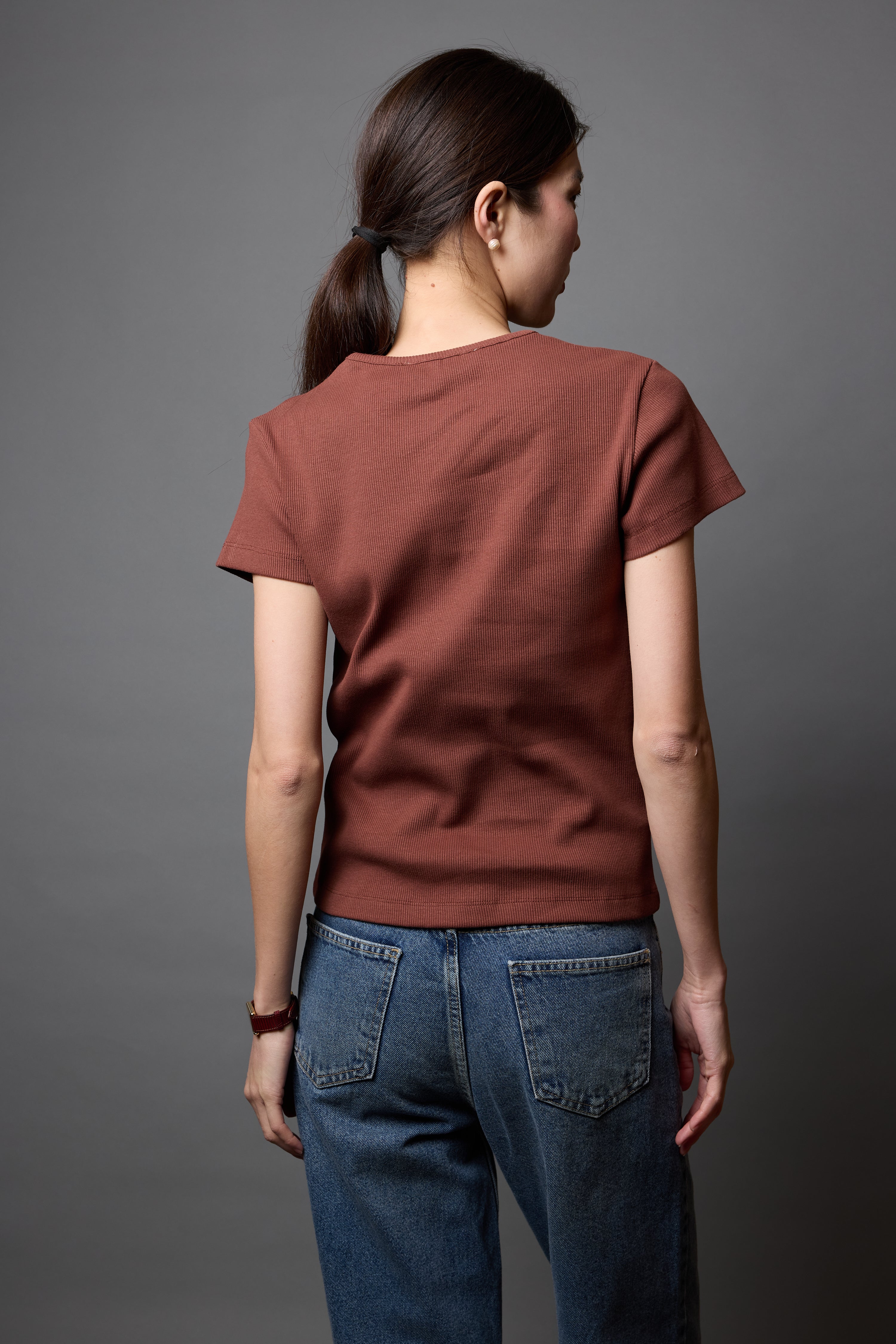 FITILLI KISA KOLLU PAMUK T-SHIRT KAHVE
