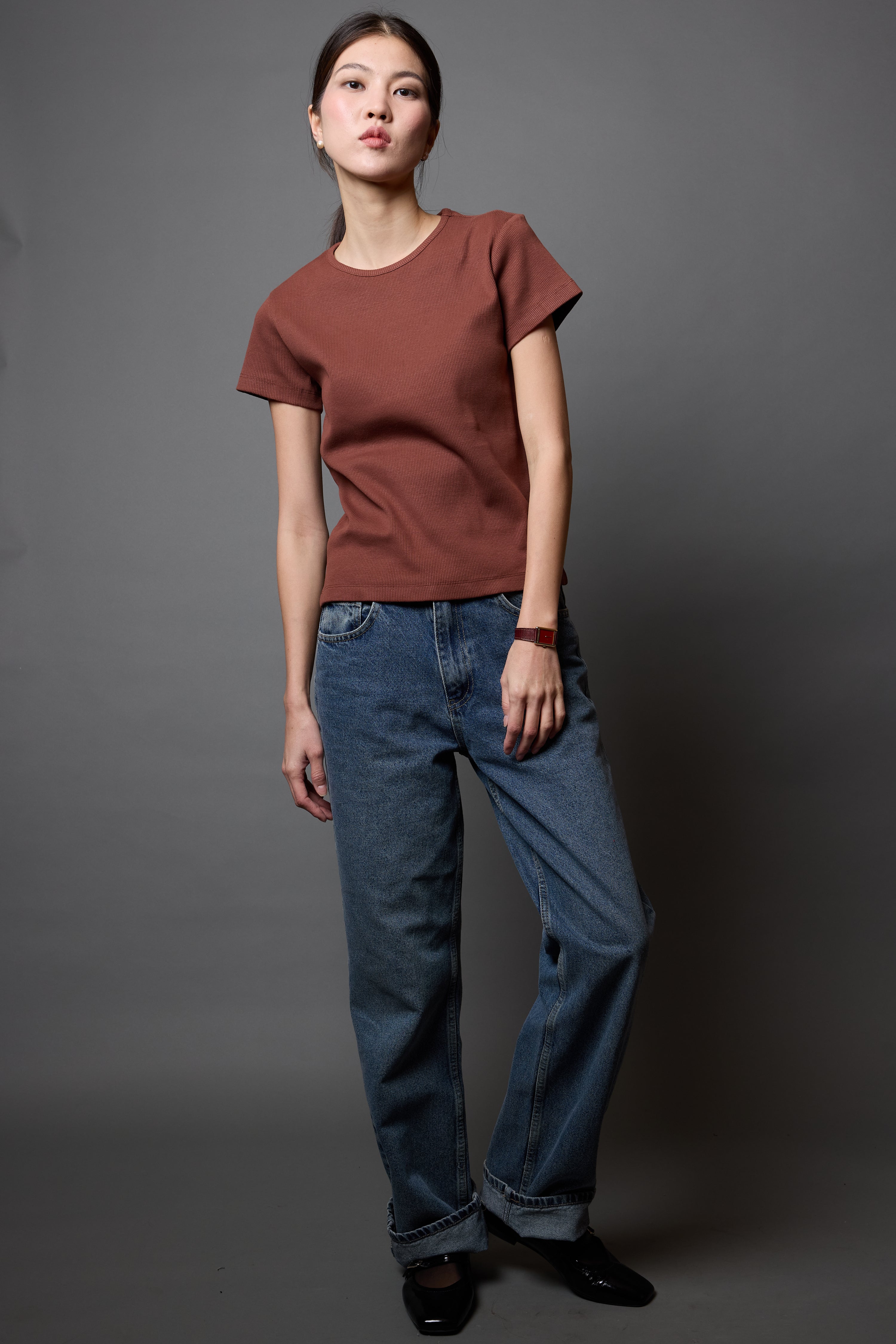 FITILLI KISA KOLLU PAMUK T-SHIRT KAHVE