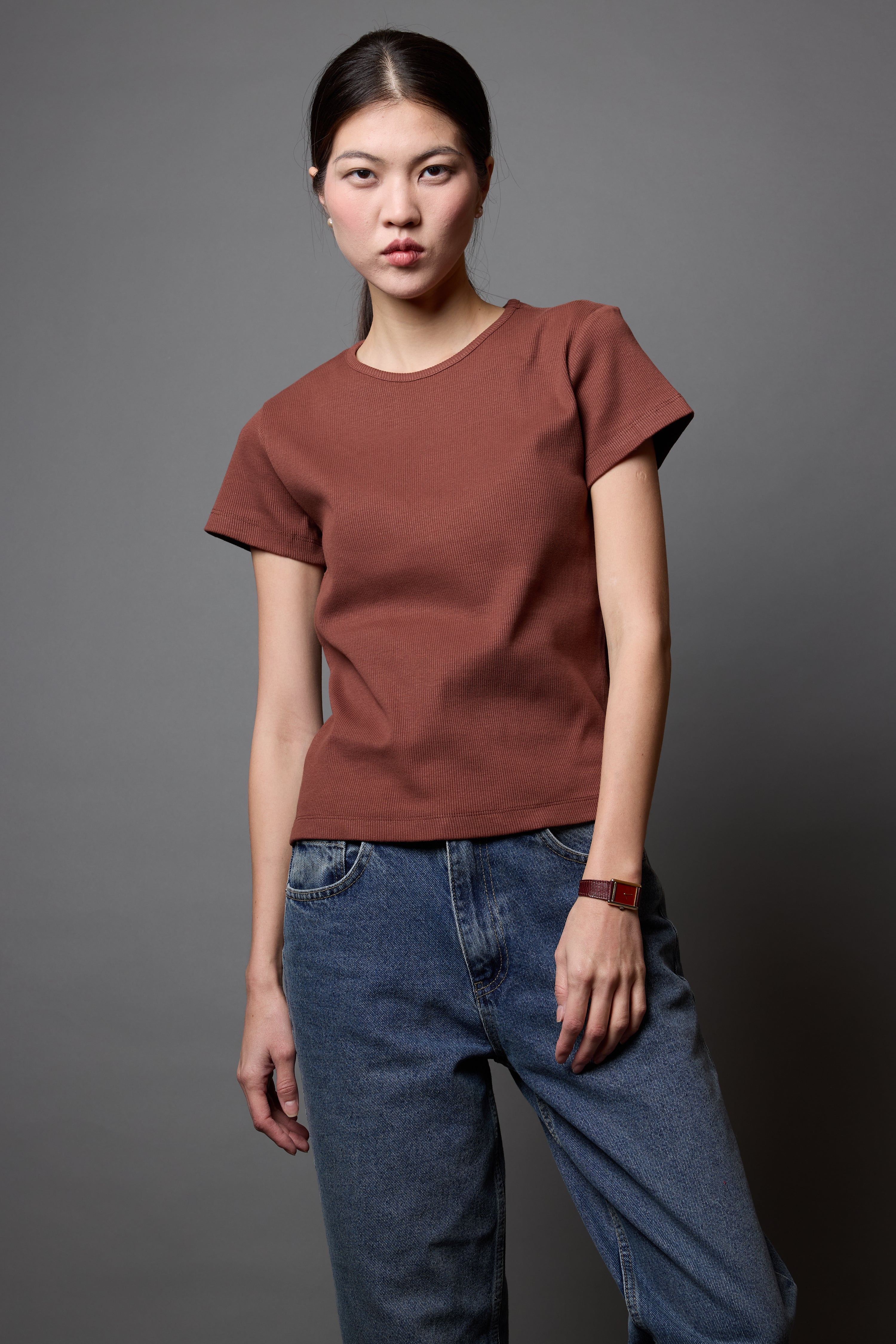 FITILLI KISA KOLLU PAMUK T-SHIRT KAHVE