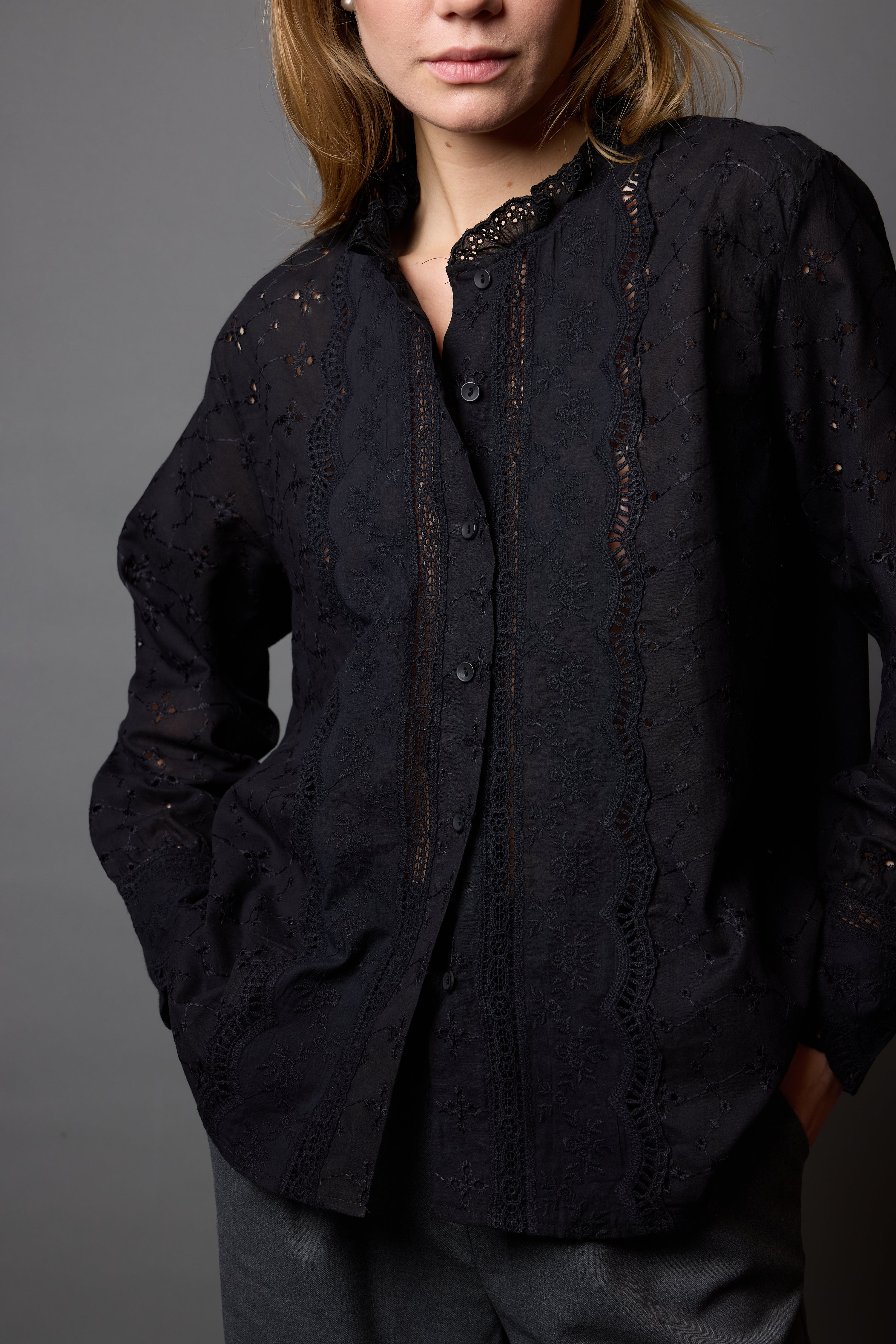 MARIA LACE DETAILED FRILLED COTTON SHIRT BLACK