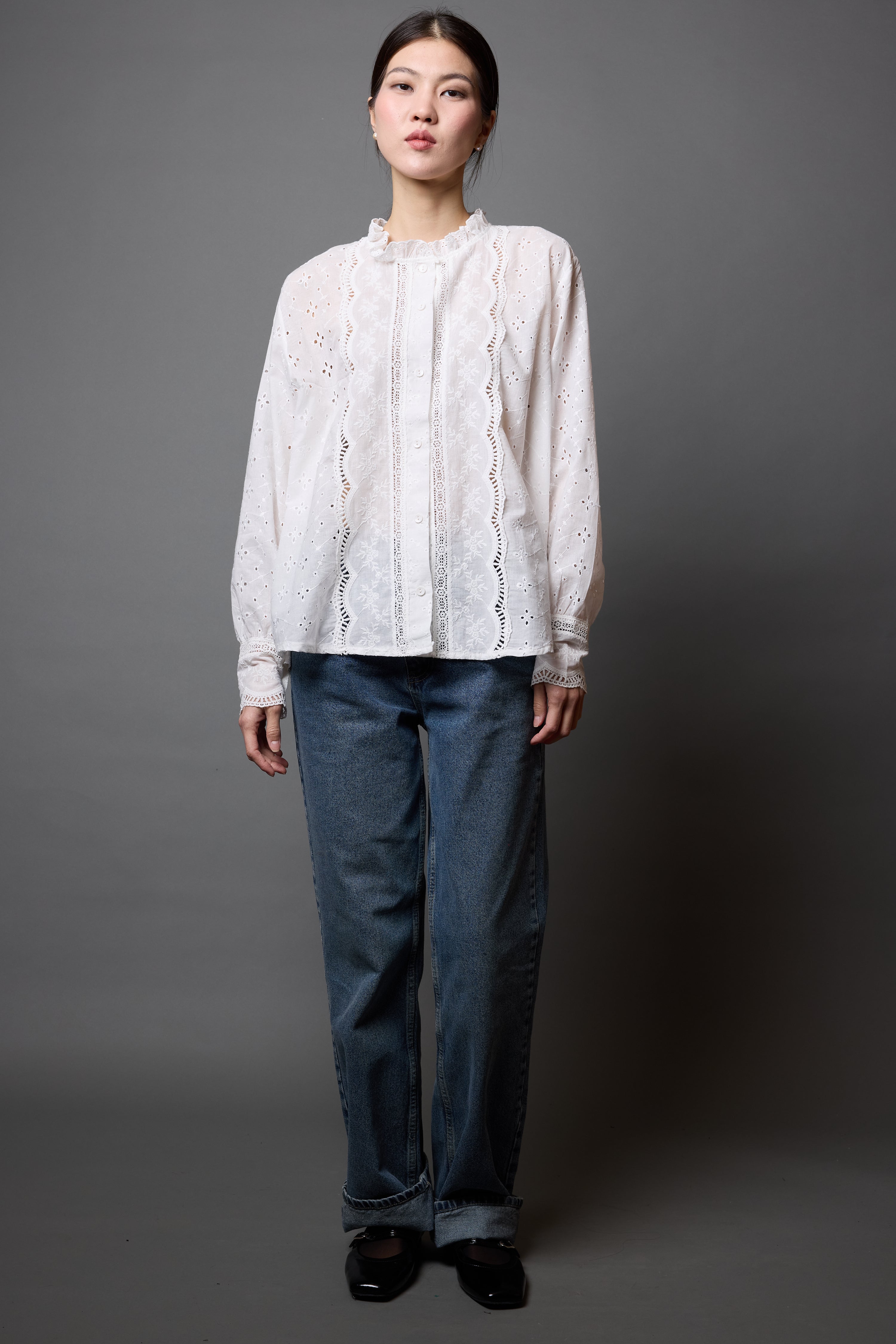 MARIA DANTEL DETAYLI FIRFIRLI PAMUK GOMLEK BEYAZ