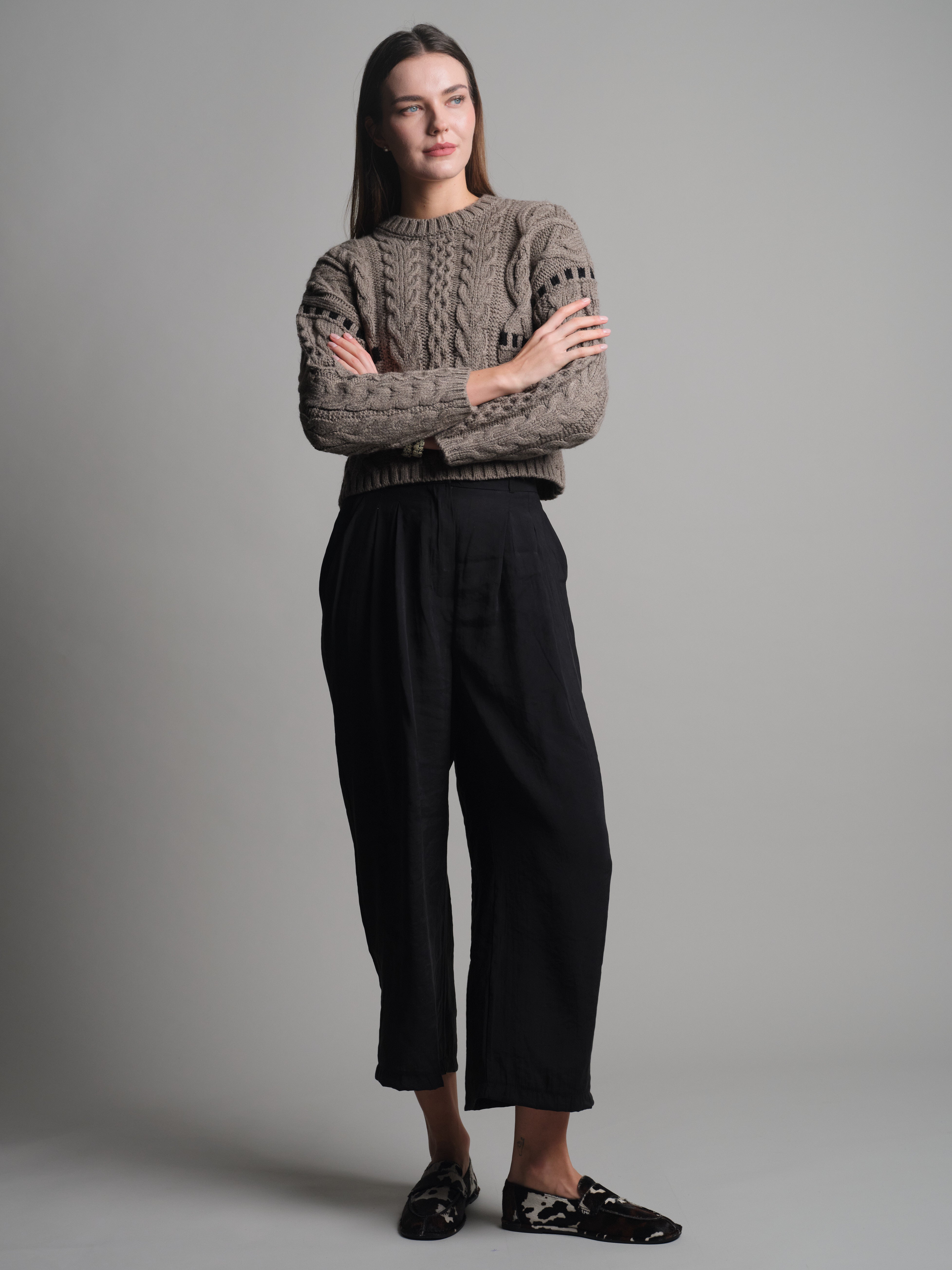 CIFT PILELI DOKUMLU PALAZZO PANTOLON SIYAH