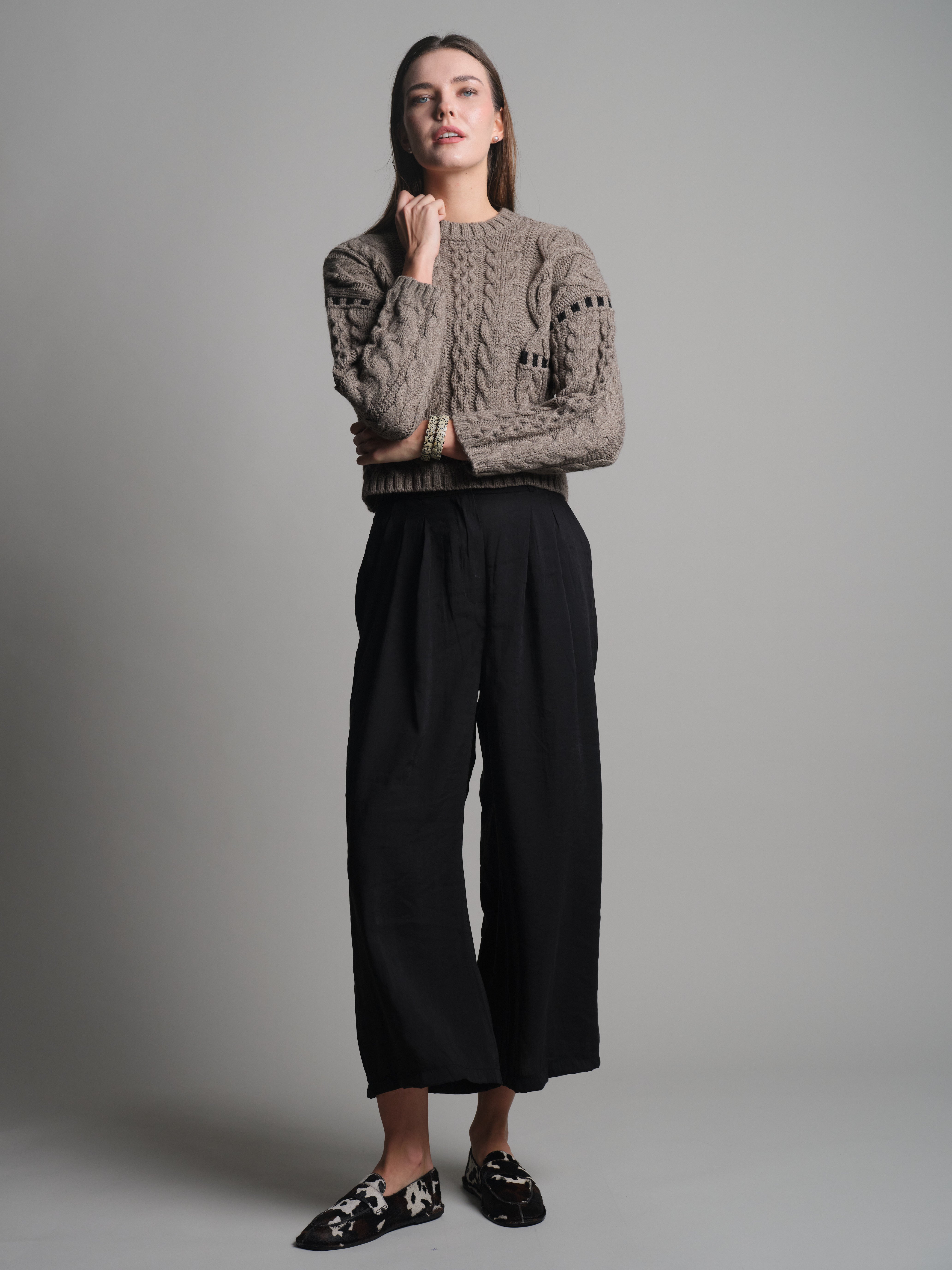 CIFT PILELI DOKUMLU PALAZZO PANTOLON SIYAH