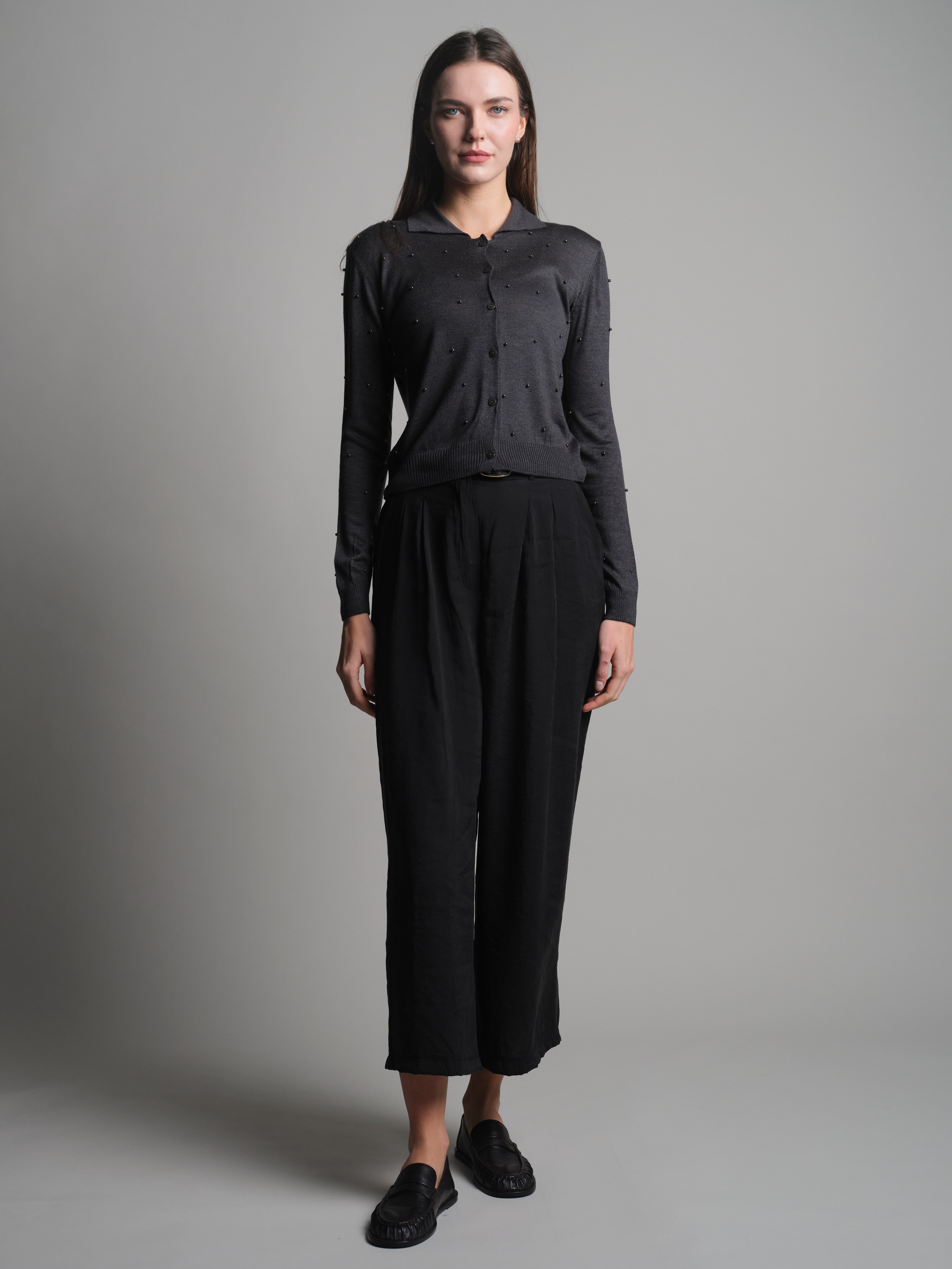 CIFT PILELI DOKUMLU PALAZZO PANTOLON SIYAH