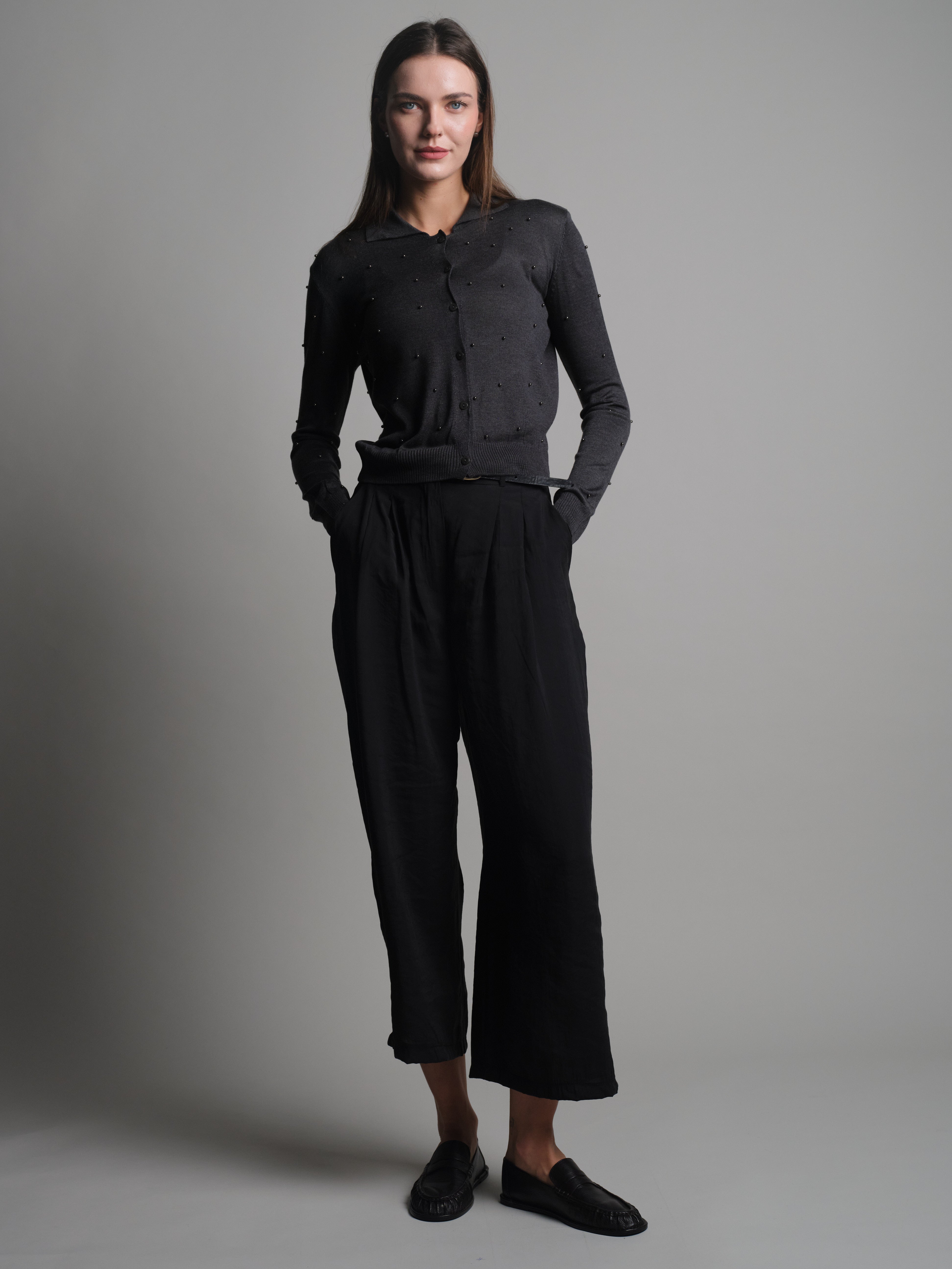 CIFT PILELI DOKUMLU PALAZZO PANTOLON SIYAH