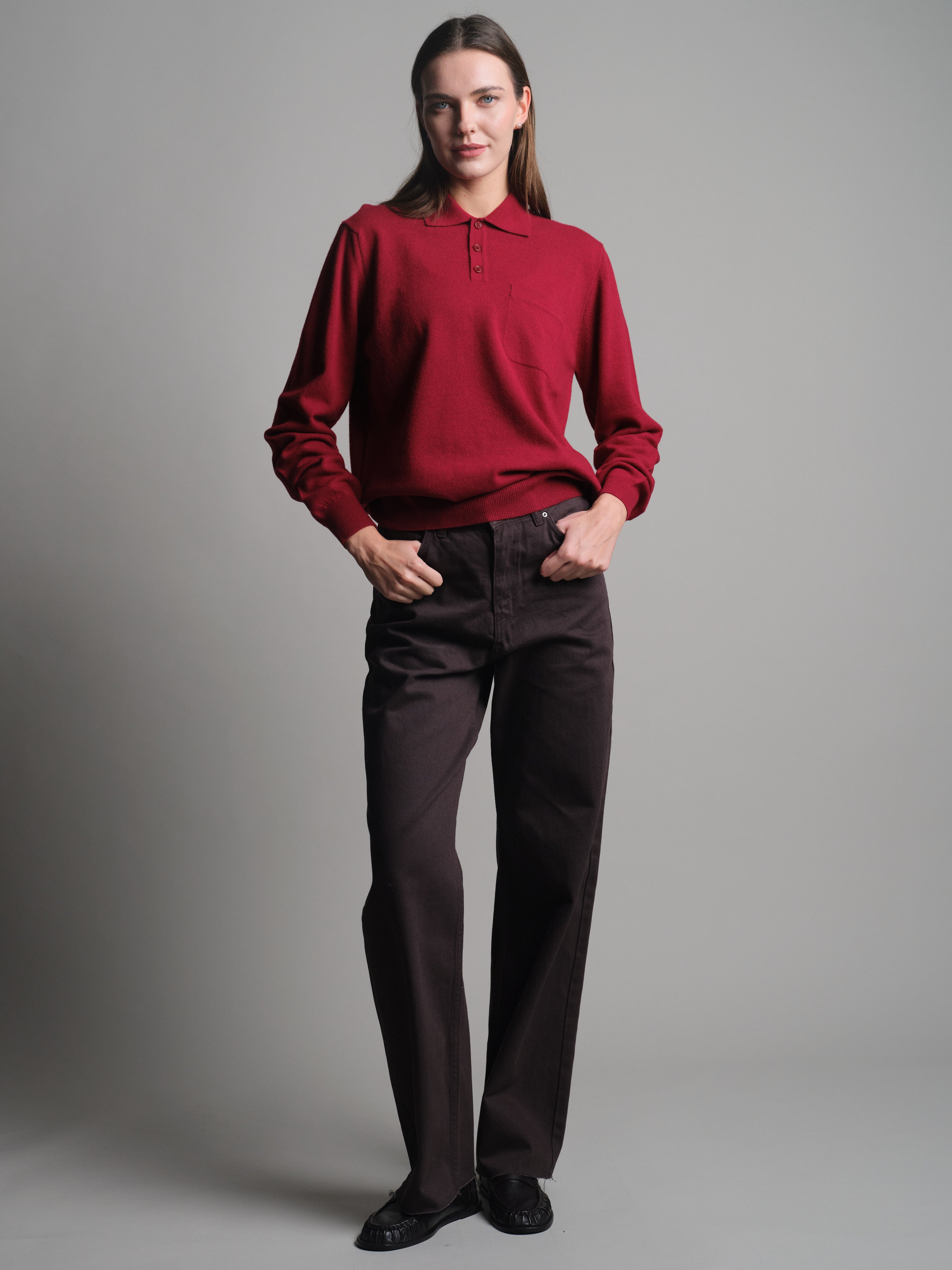WOOL POLO COLLAR UNISEX SWEATER CLARET RED