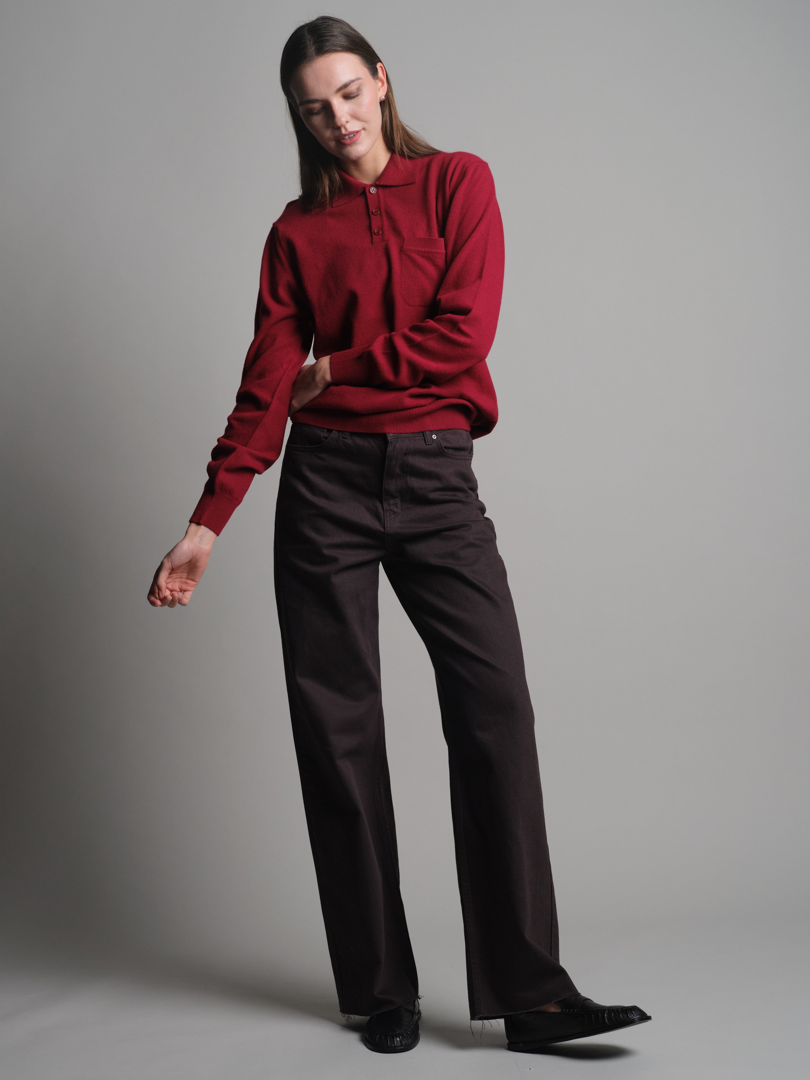 WOOL POLO COLLAR UNISEX SWEATER CLARET RED