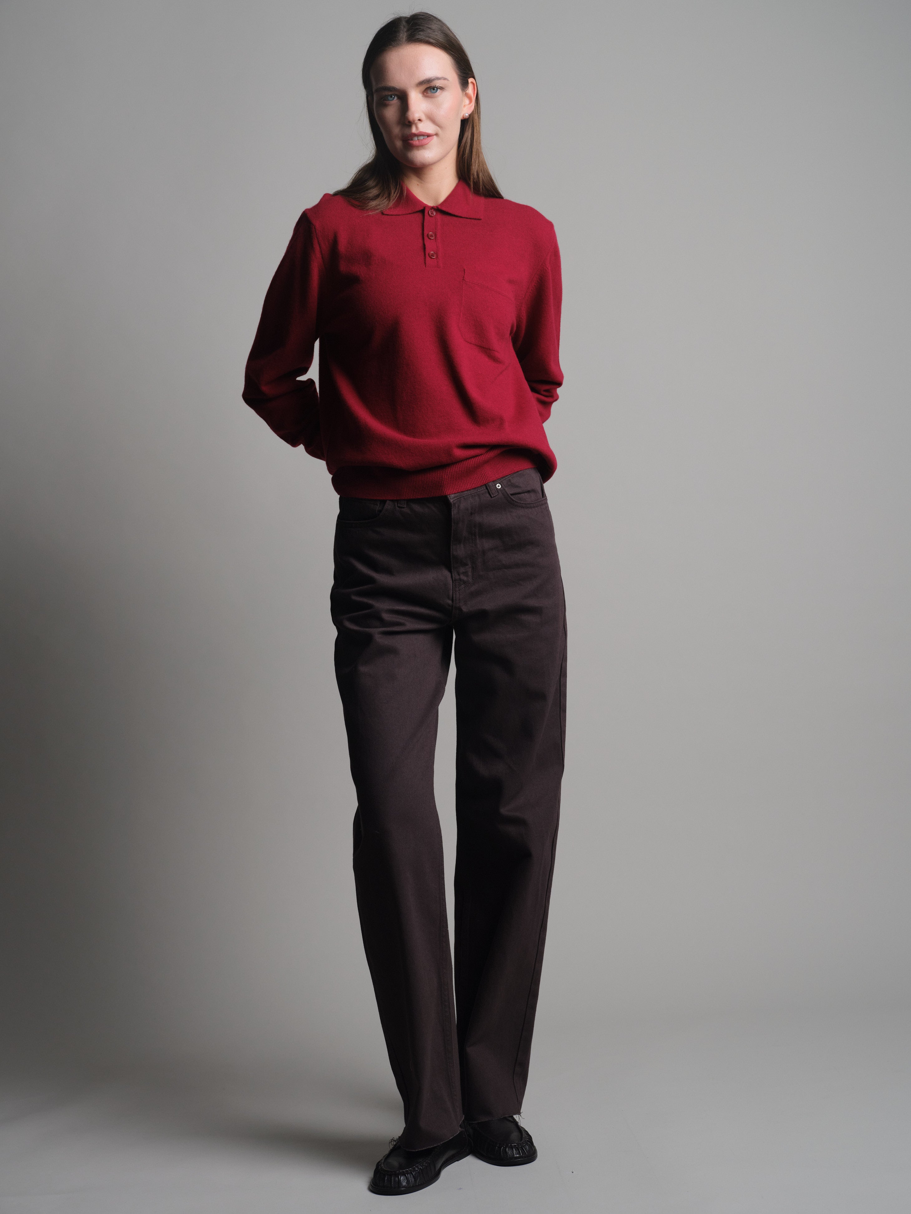 WOOL POLO COLLAR UNISEX SWEATER CLARET RED