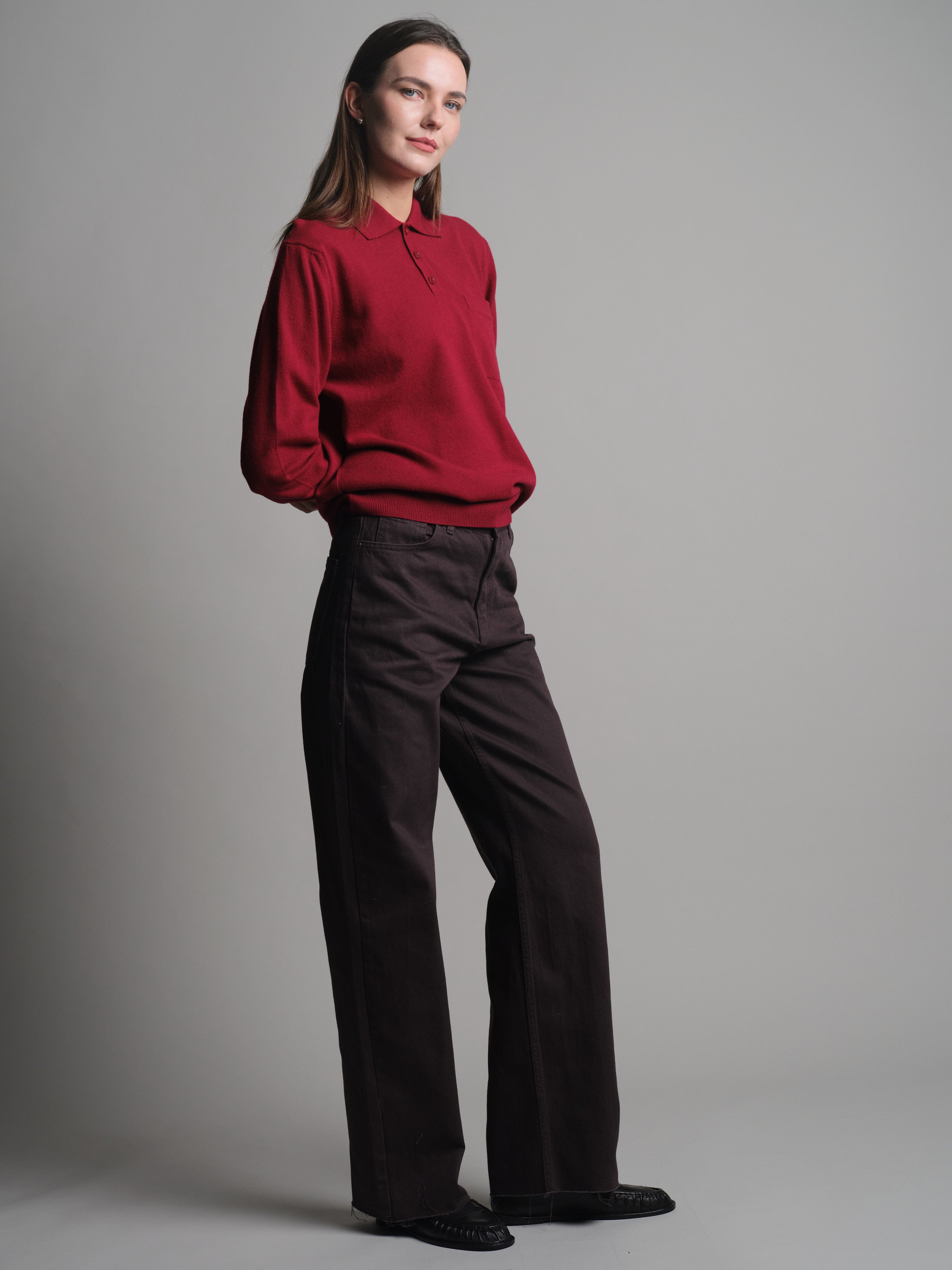 WOOL POLO COLLAR UNISEX SWEATER CLARET RED