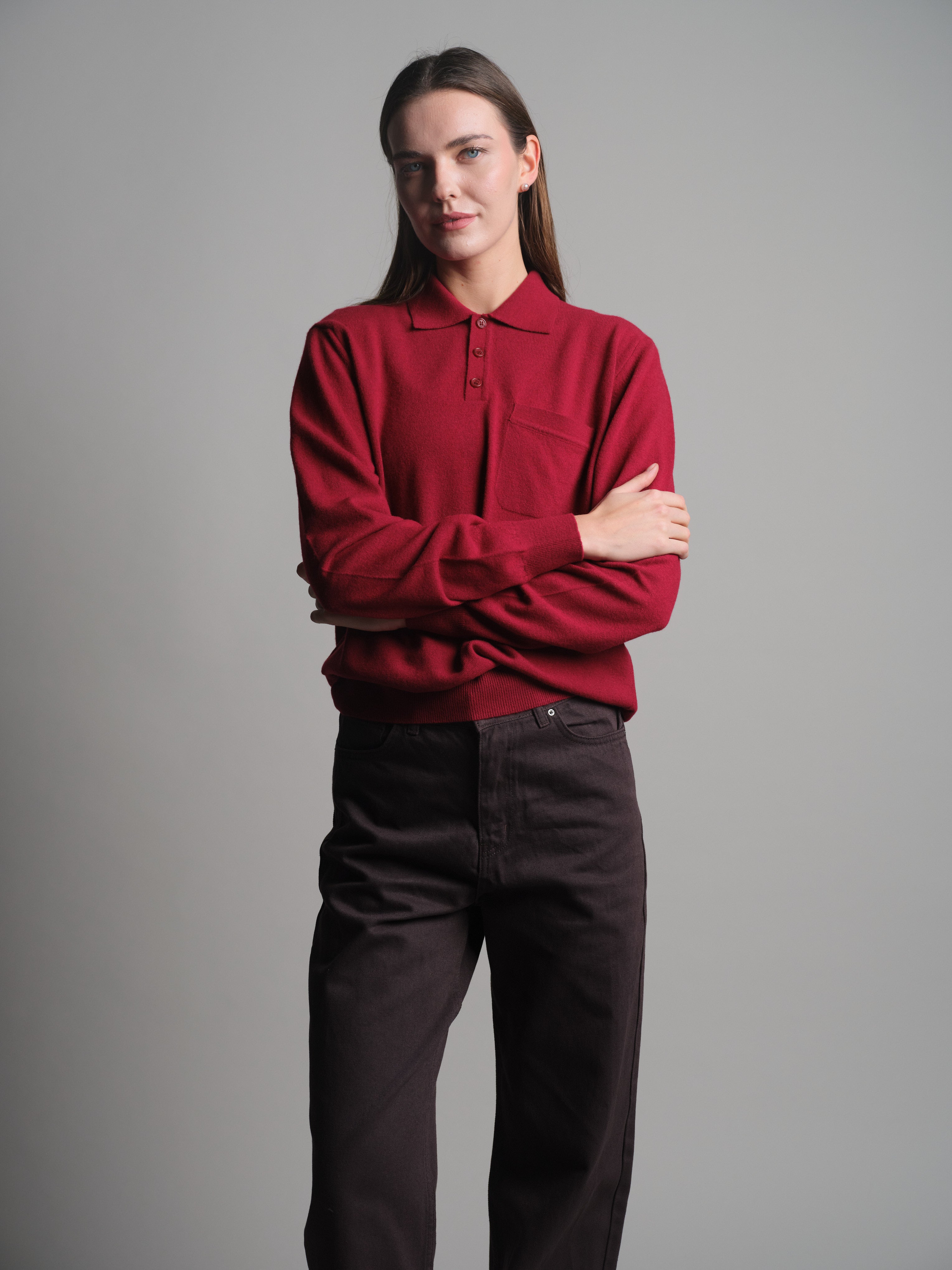 WOOL POLO COLLAR UNISEX SWEATER CLARET RED