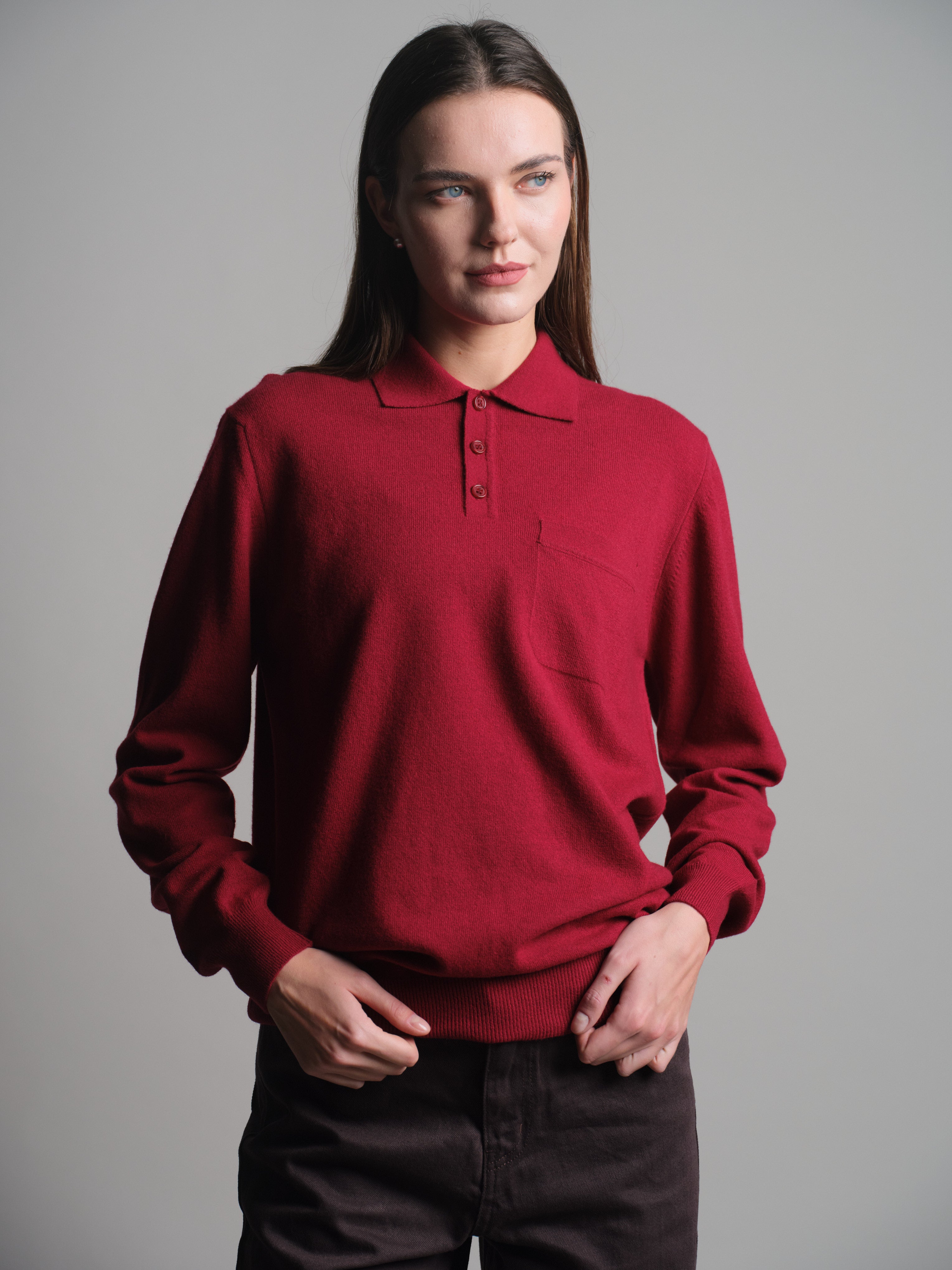 WOOL POLO COLLAR UNISEX SWEATER CLARET RED