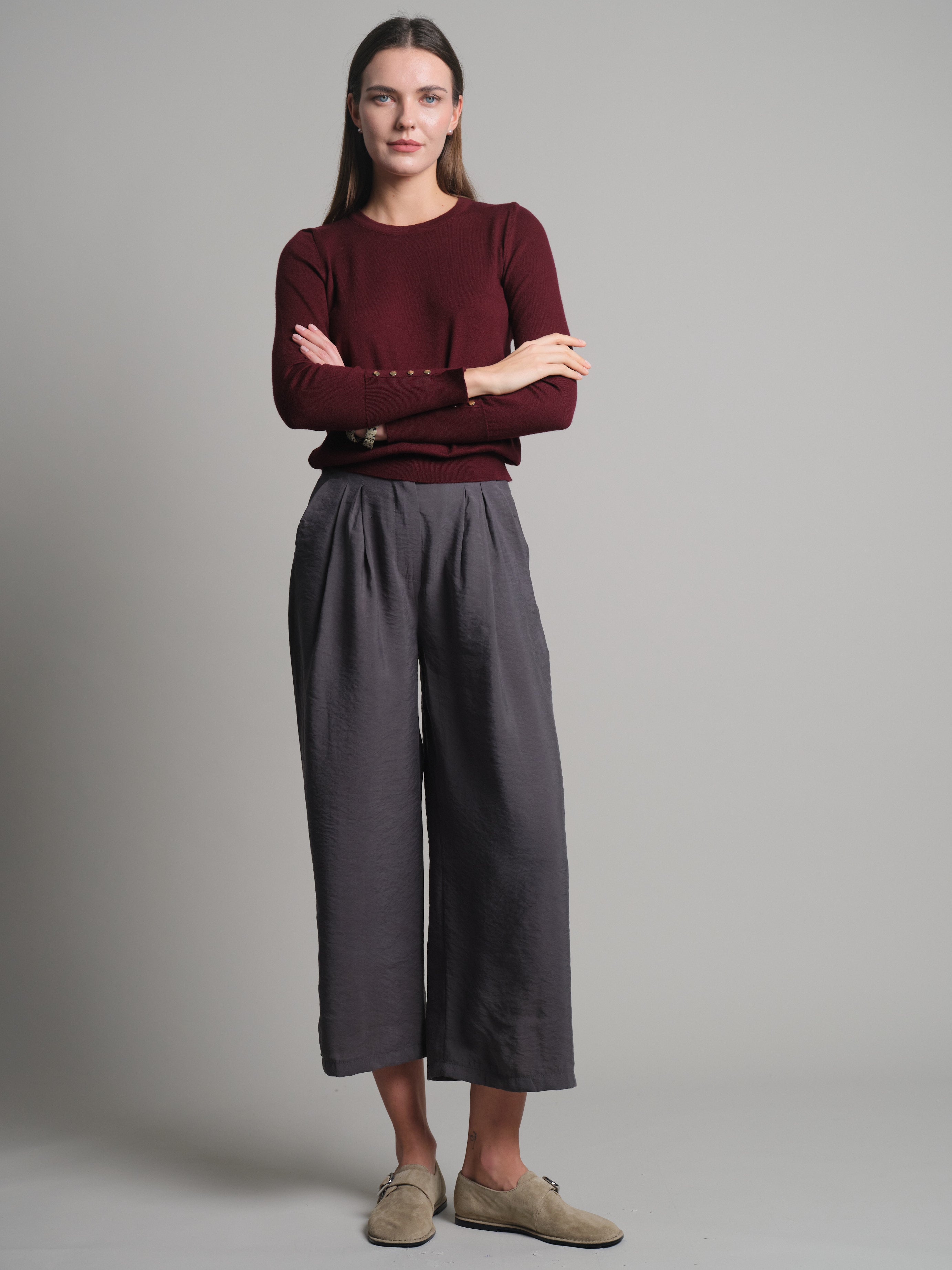 DOUBLE PLEATED FLOWING PALAZZO TROUSERS SMOKED