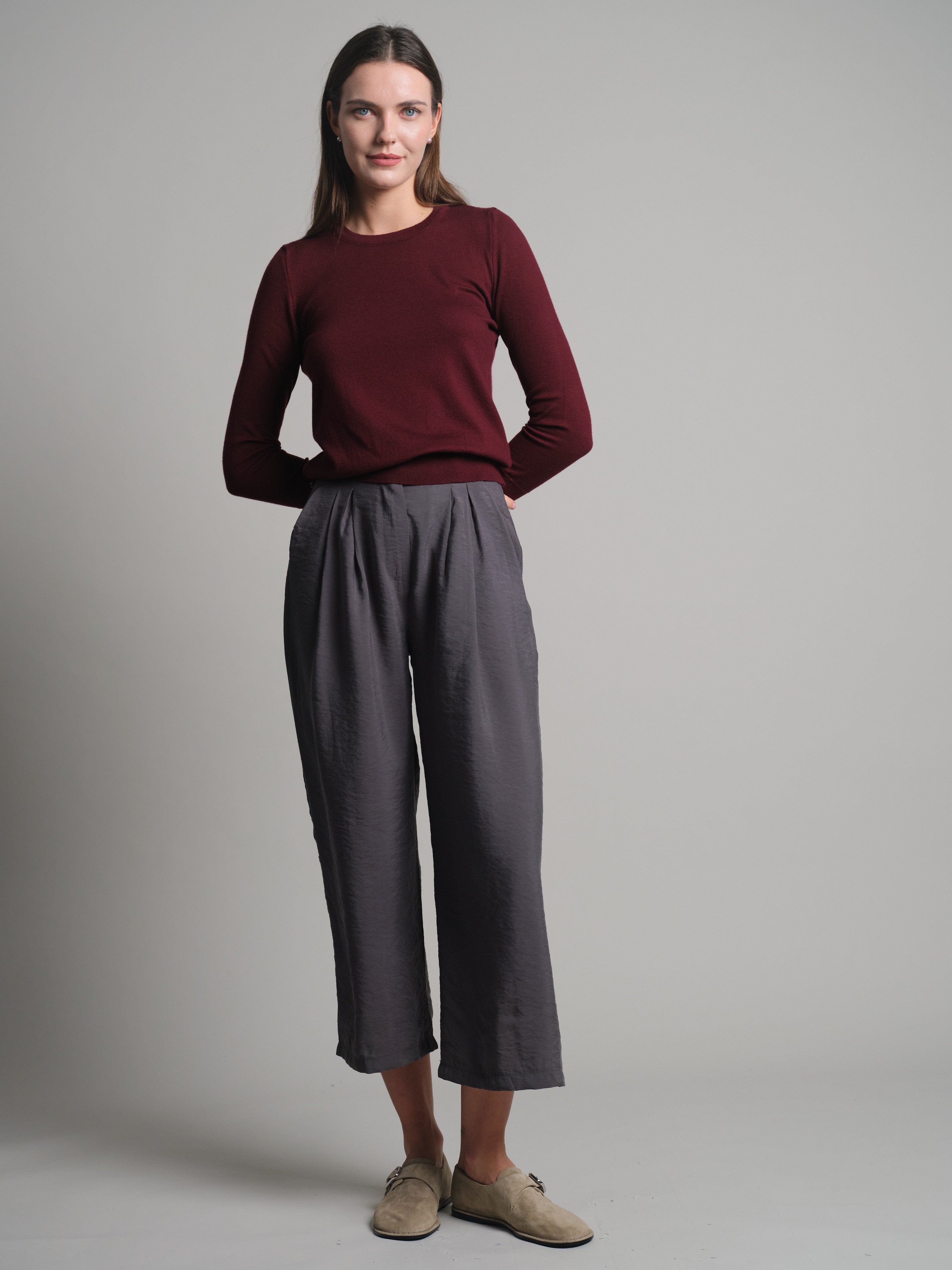 DOUBLE PLEATED FLOWING PALAZZO TROUSERS SMOKED
