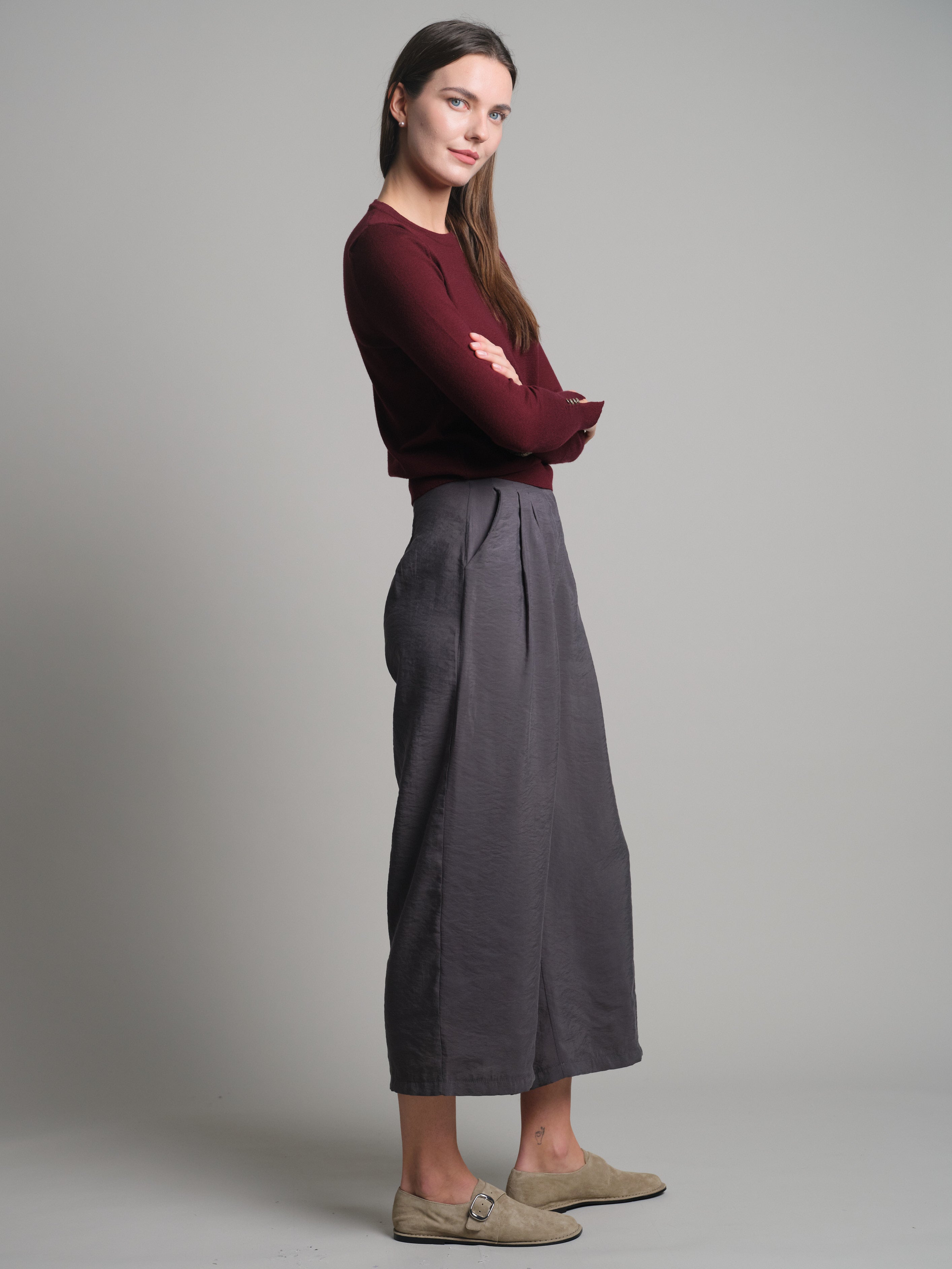 DOUBLE PLEATED FLOWING PALAZZO TROUSERS SMOKED