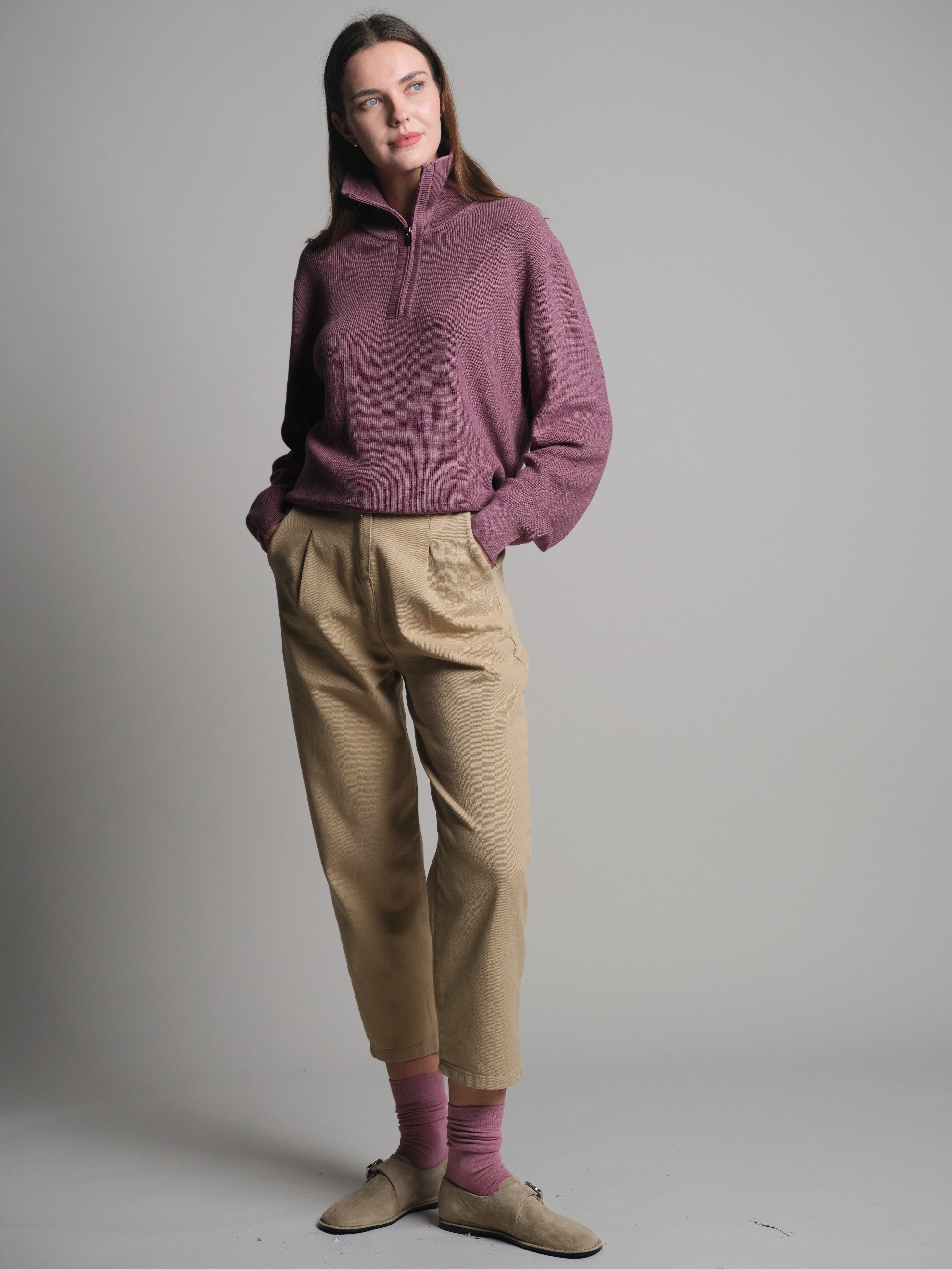 PAMUK YUKSEK YAKA FERMUARLI UNISEX KAZAK ROSE