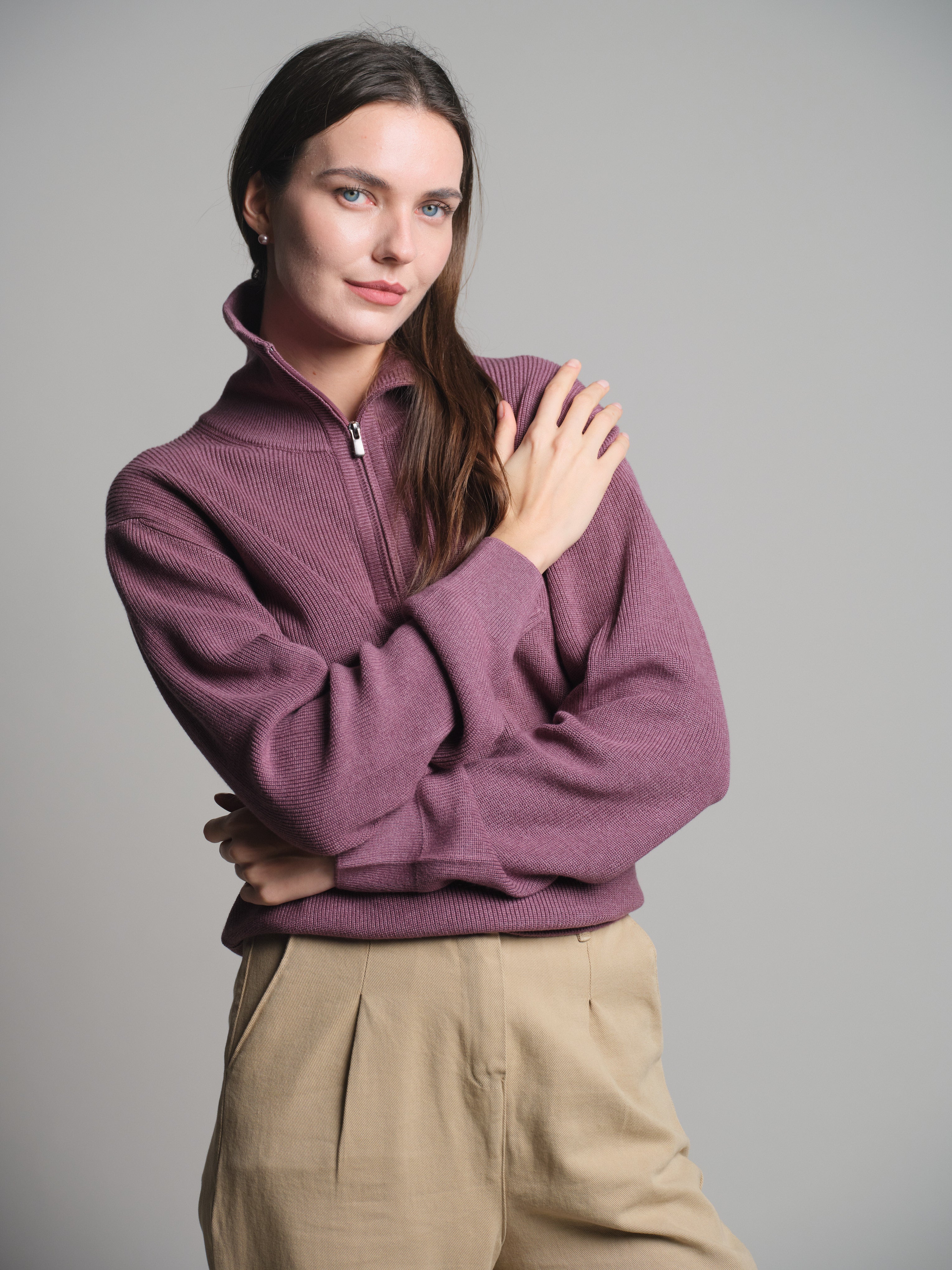 PAMUK YUKSEK YAKA FERMUARLI UNISEX KAZAK ROSE