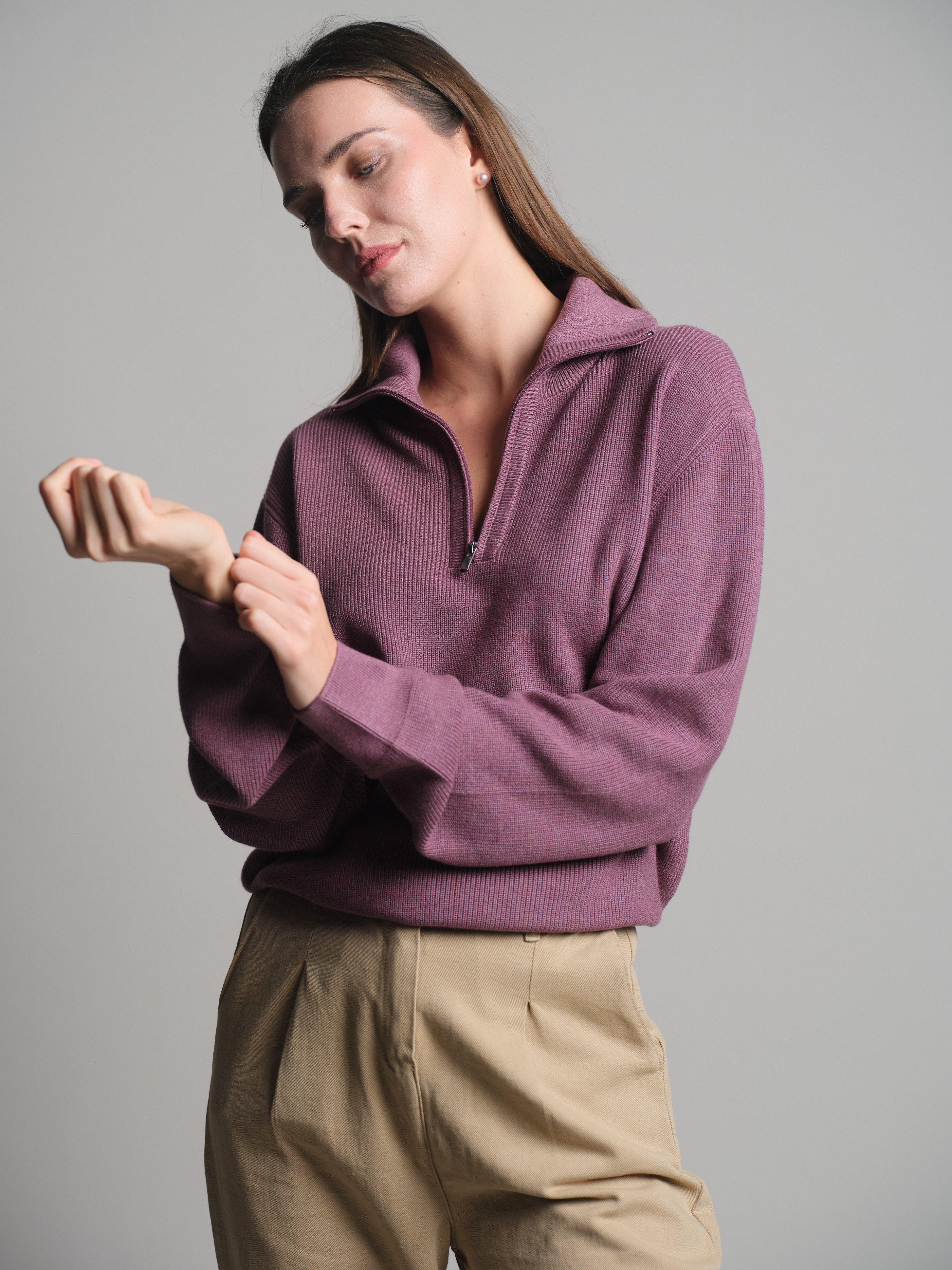 PAMUK YUKSEK YAKA FERMUARLI UNISEX KAZAK ROSE