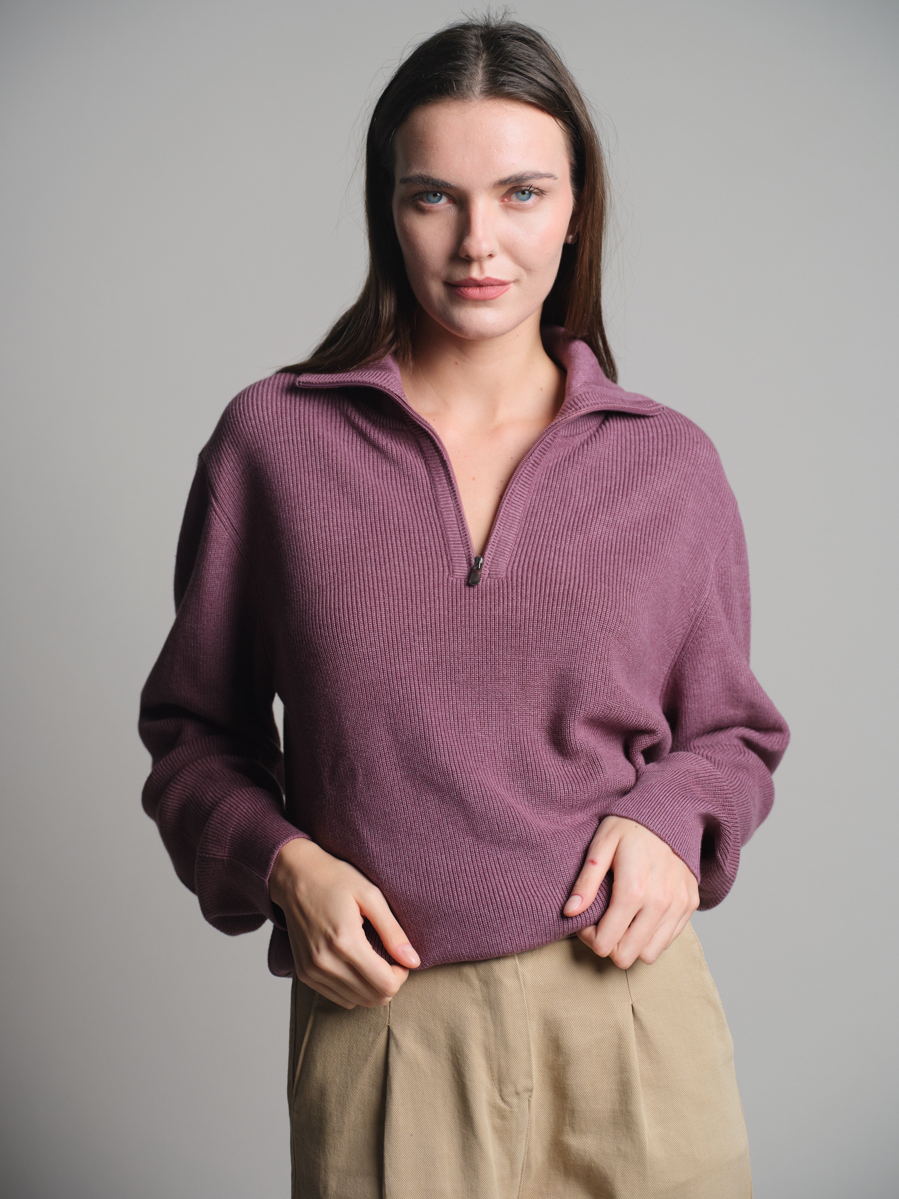 PAMUK YUKSEK YAKA FERMUARLI UNISEX KAZAK ROSE