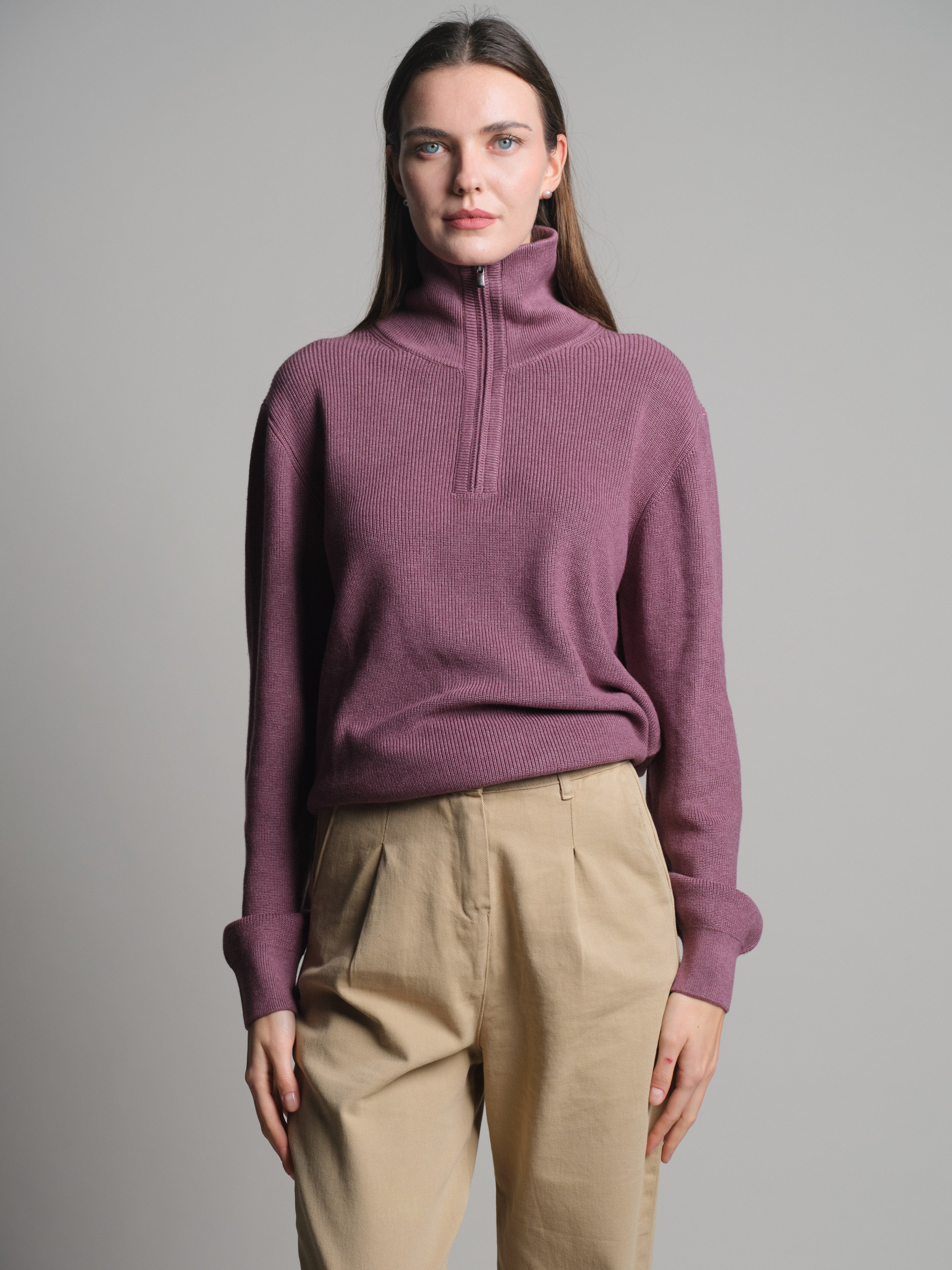 PAMUK YUKSEK YAKA FERMUARLI UNISEX KAZAK ROSE