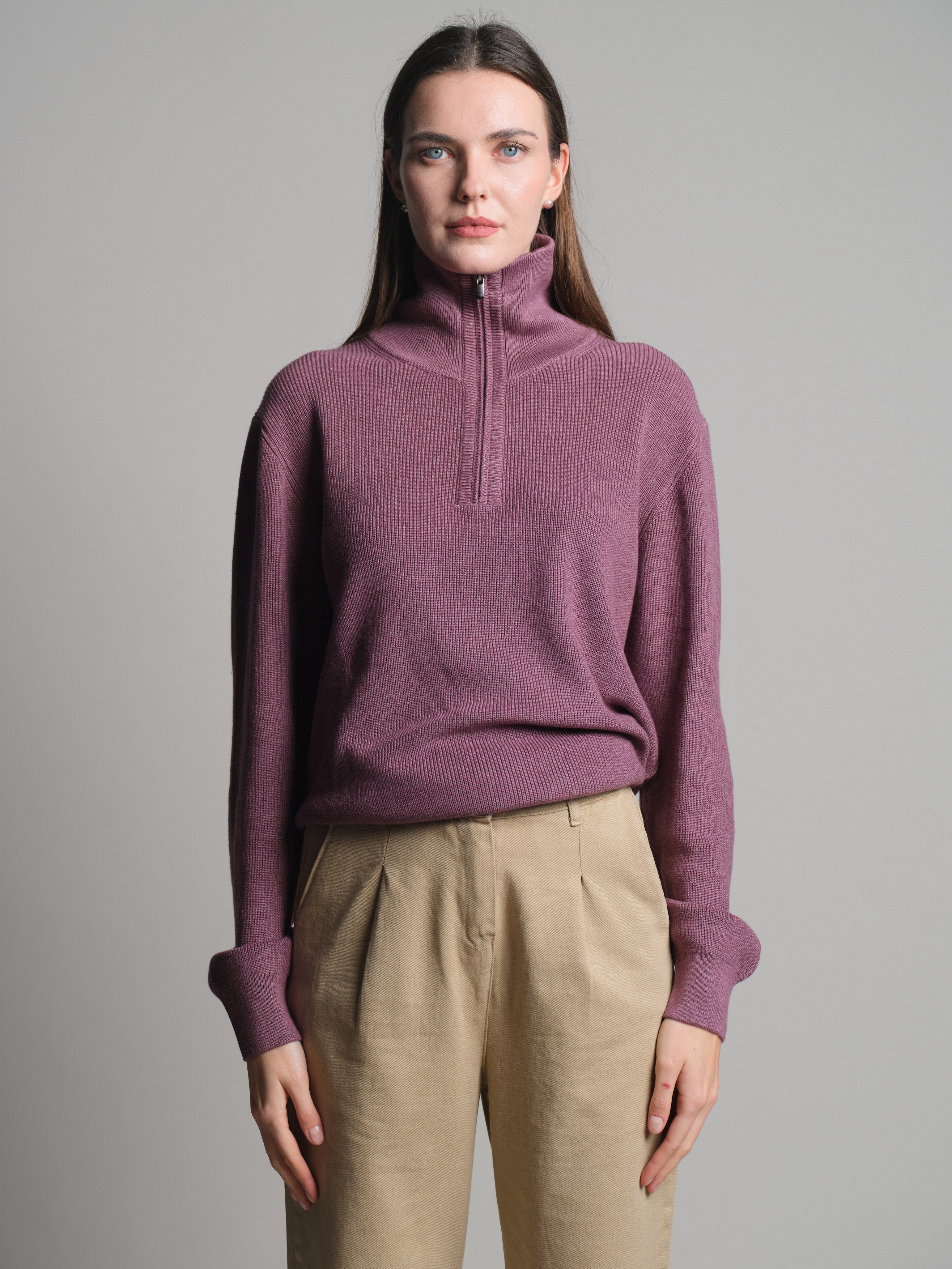 PAMUK YUKSEK YAKA FERMUARLI UNISEX KAZAK ROSE