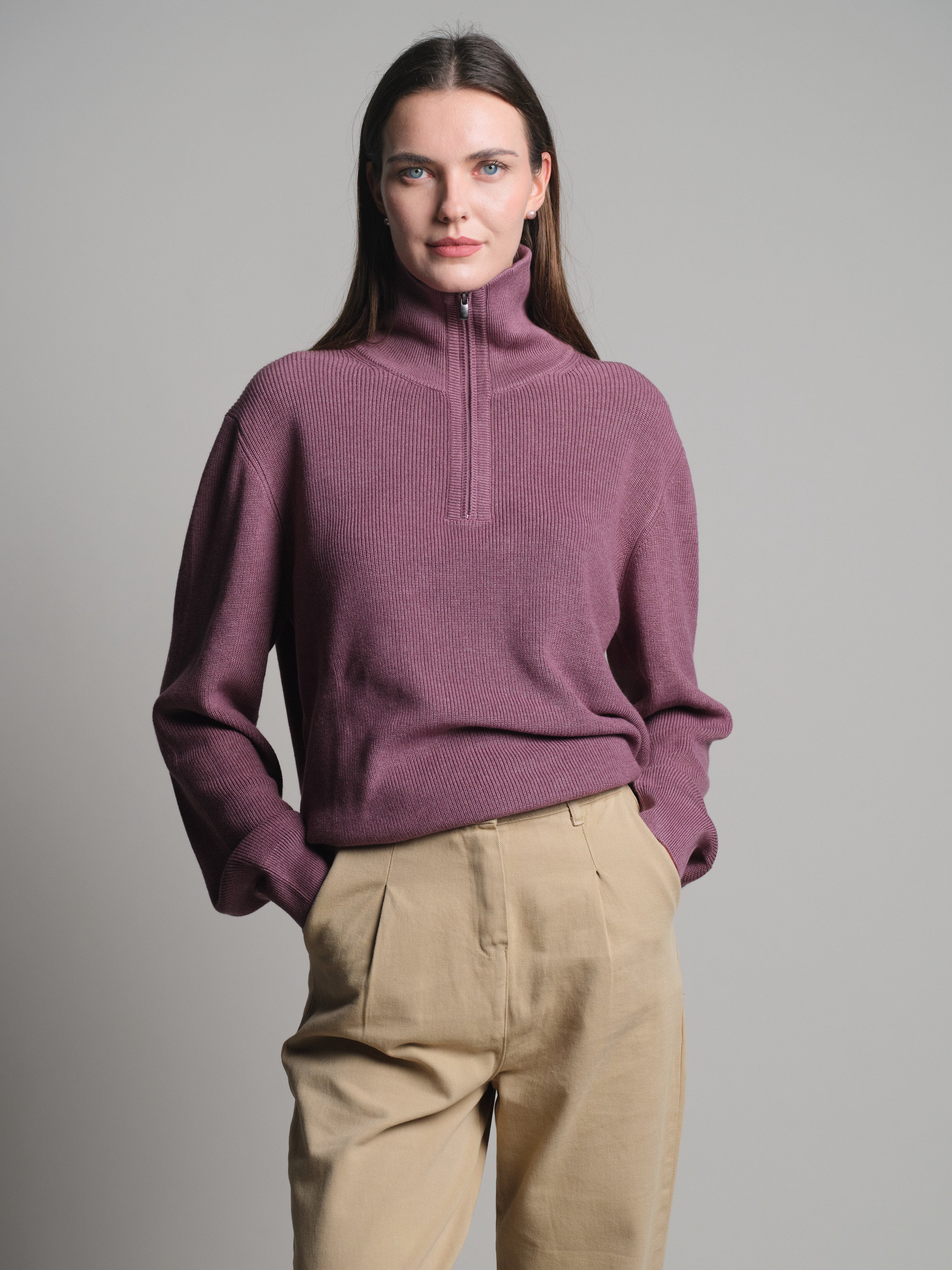 PAMUK YUKSEK YAKA FERMUARLI UNISEX KAZAK ROSE