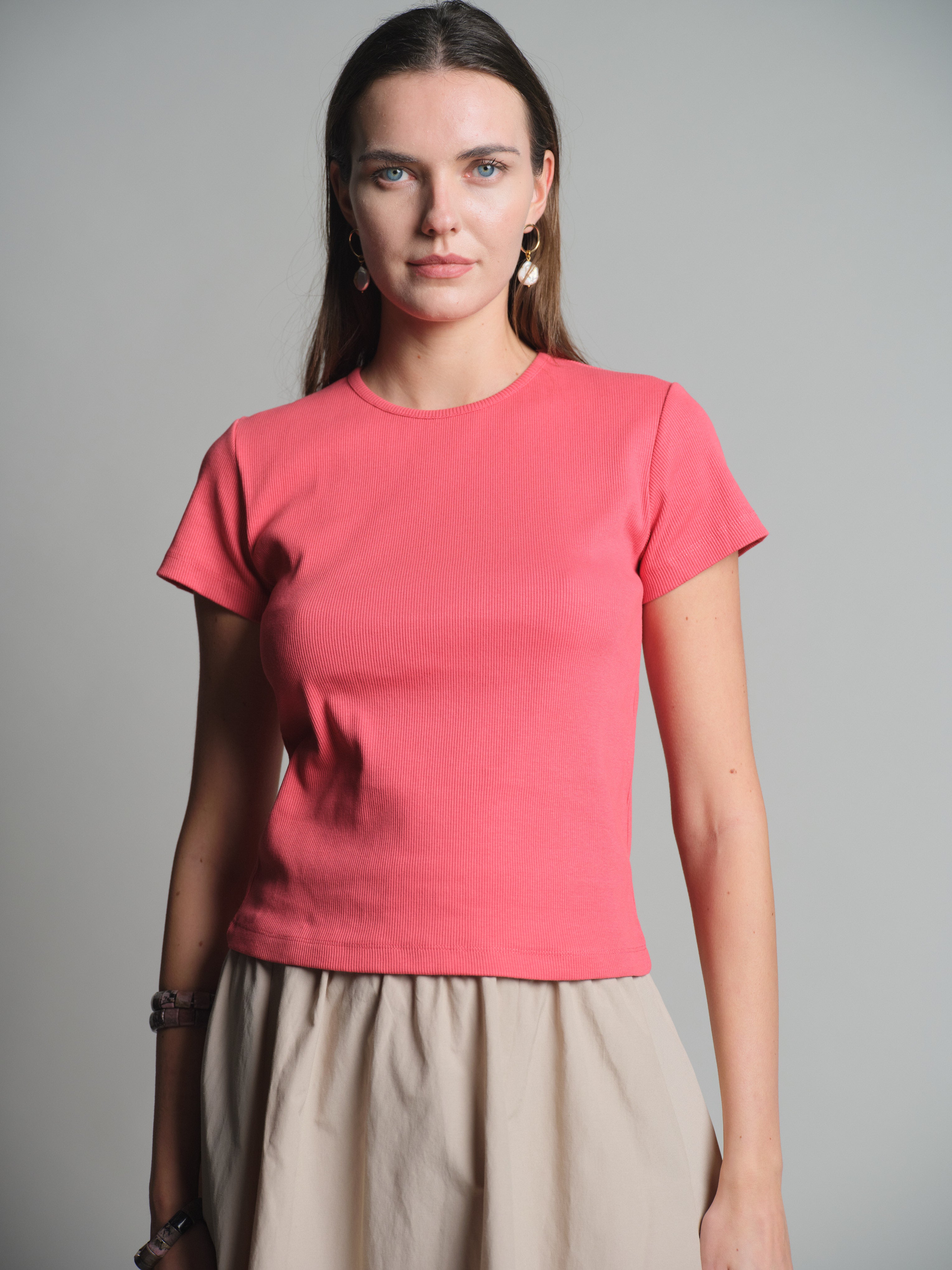 FITILLI KISA KOLLU PAMUK T-SHIRT ROUGE