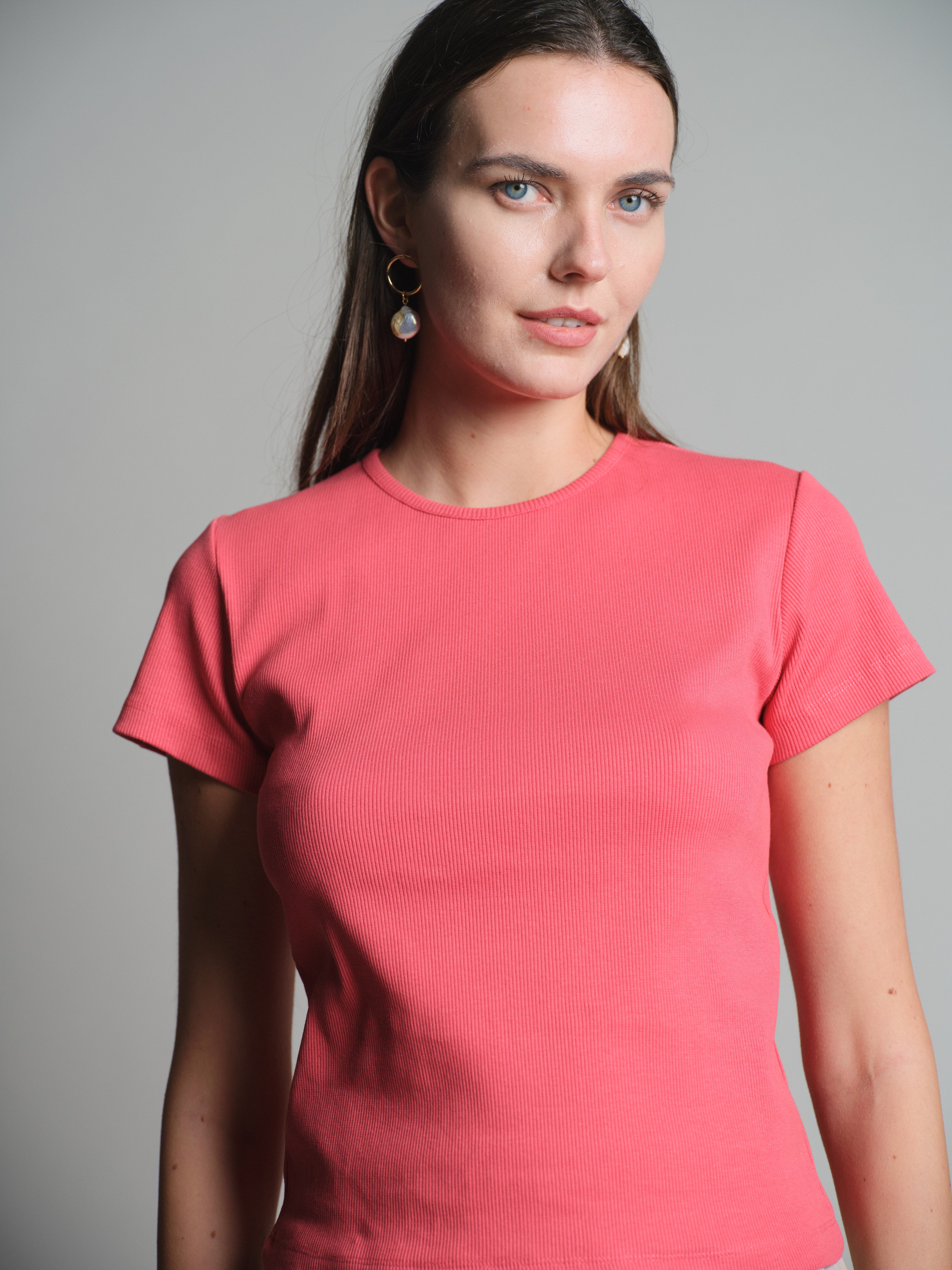 RUBBLED SHORT SLEEVE COTTON T-SHIRT ROUGE