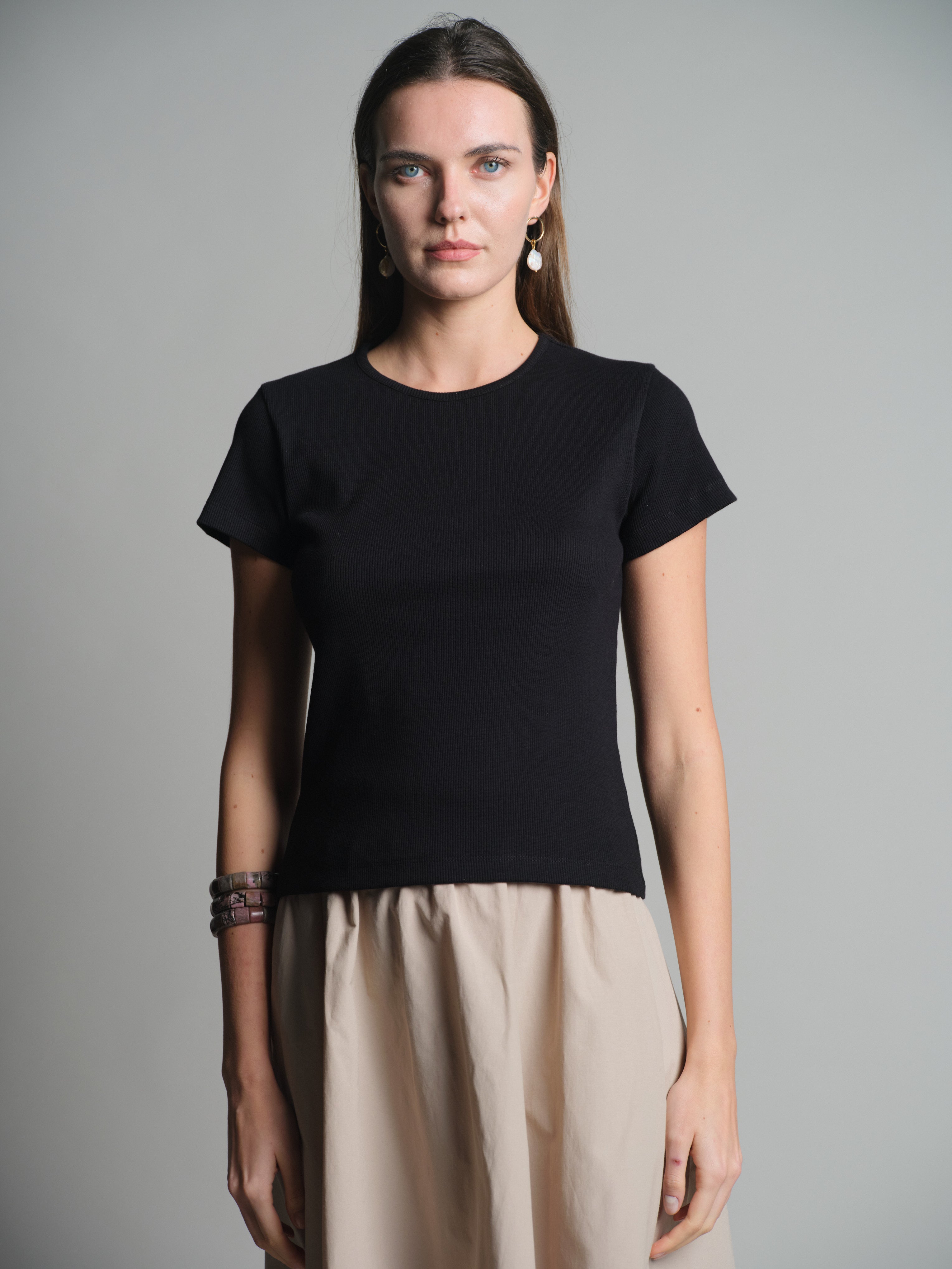 FITILLI KISA KOLLU PAMUK T-SHIRT SIYAH