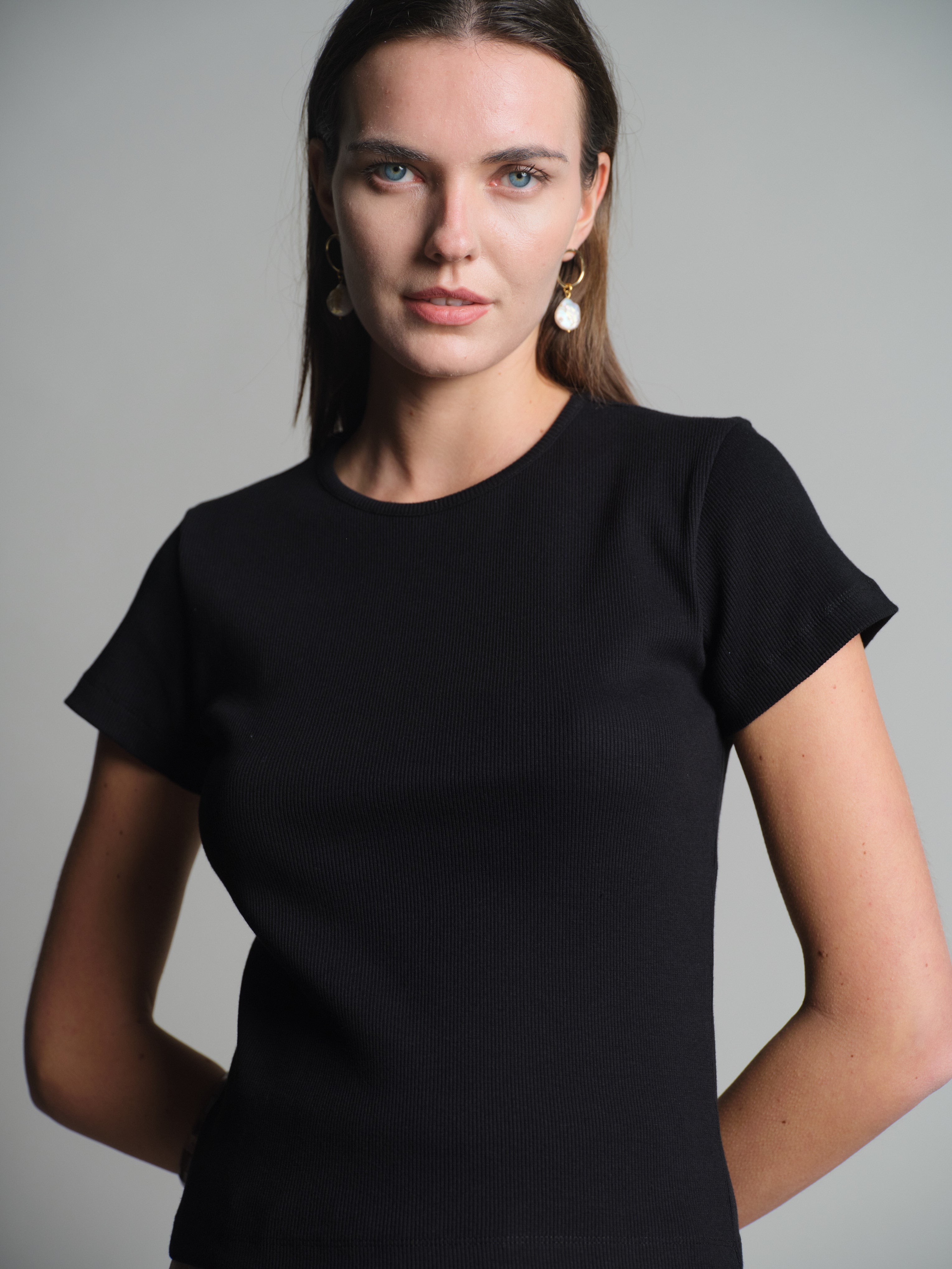 FITILLI KISA KOLLU PAMUK T-SHIRT SIYAH