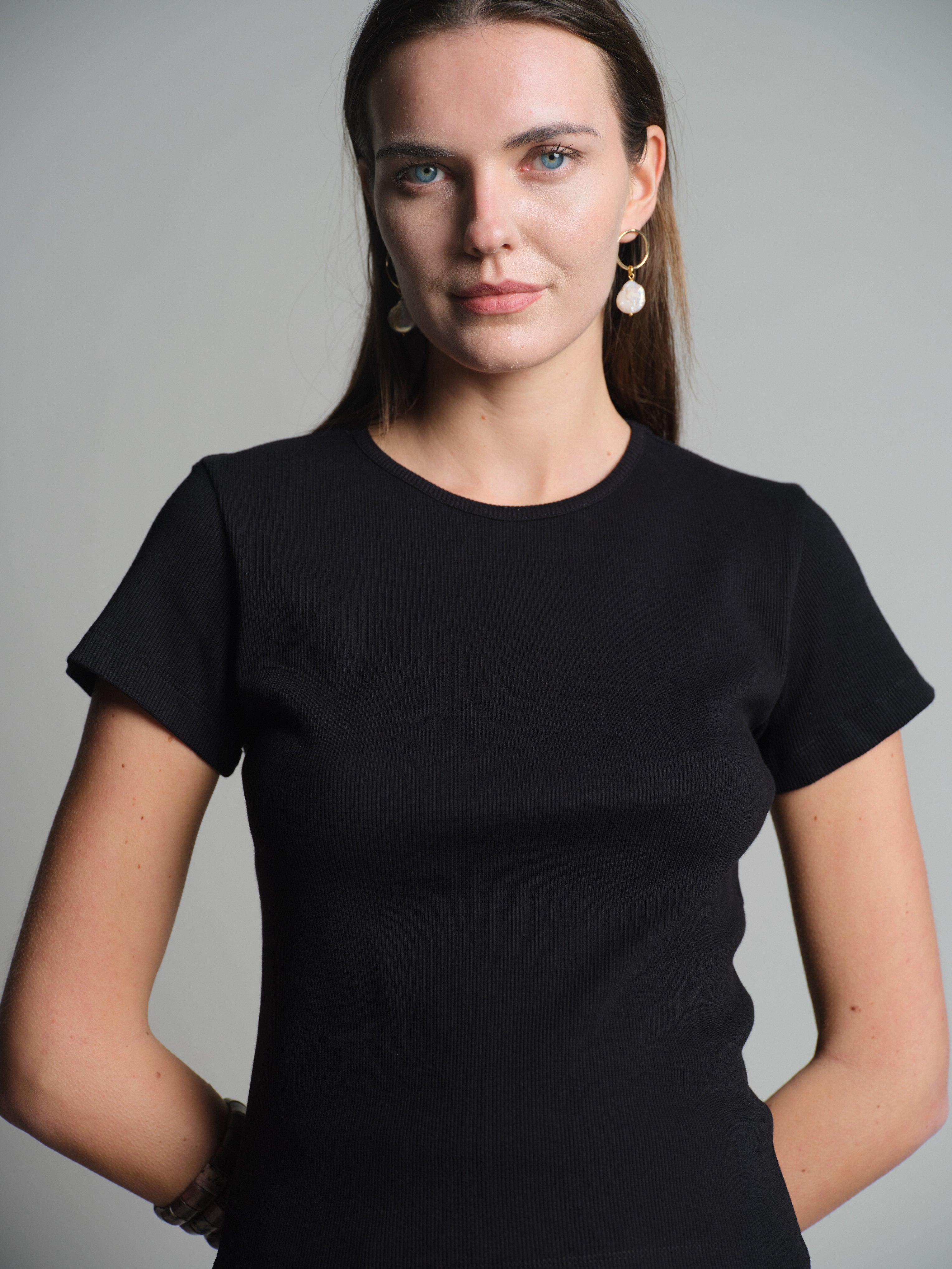 FITILLI KISA KOLLU PAMUK T-SHIRT SIYAH