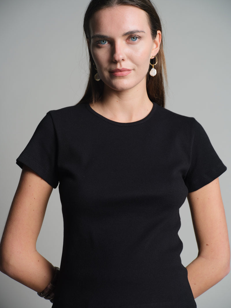 FITILLI KISA KOLLU PAMUK T-SHIRT SIYAH