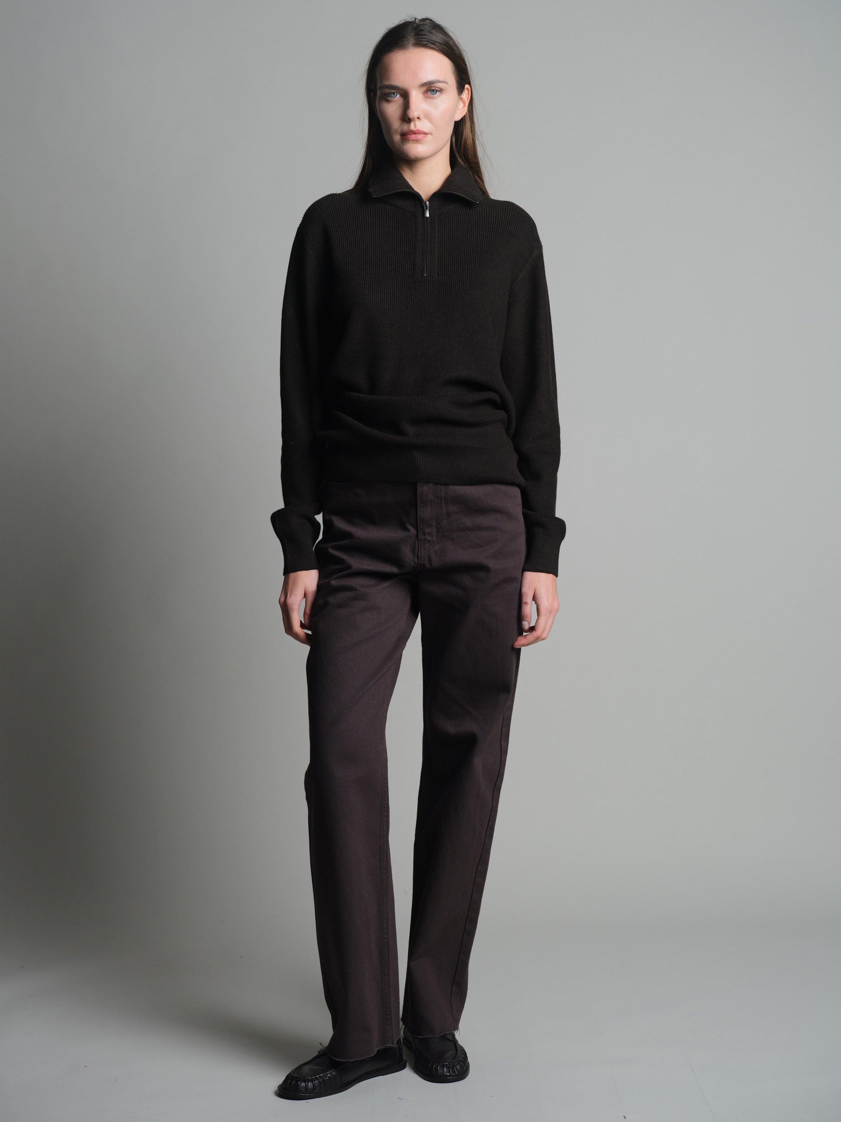 PAMUK YUKSEK YAKA FERMUARLI UNISEX KAZAK KAHVE