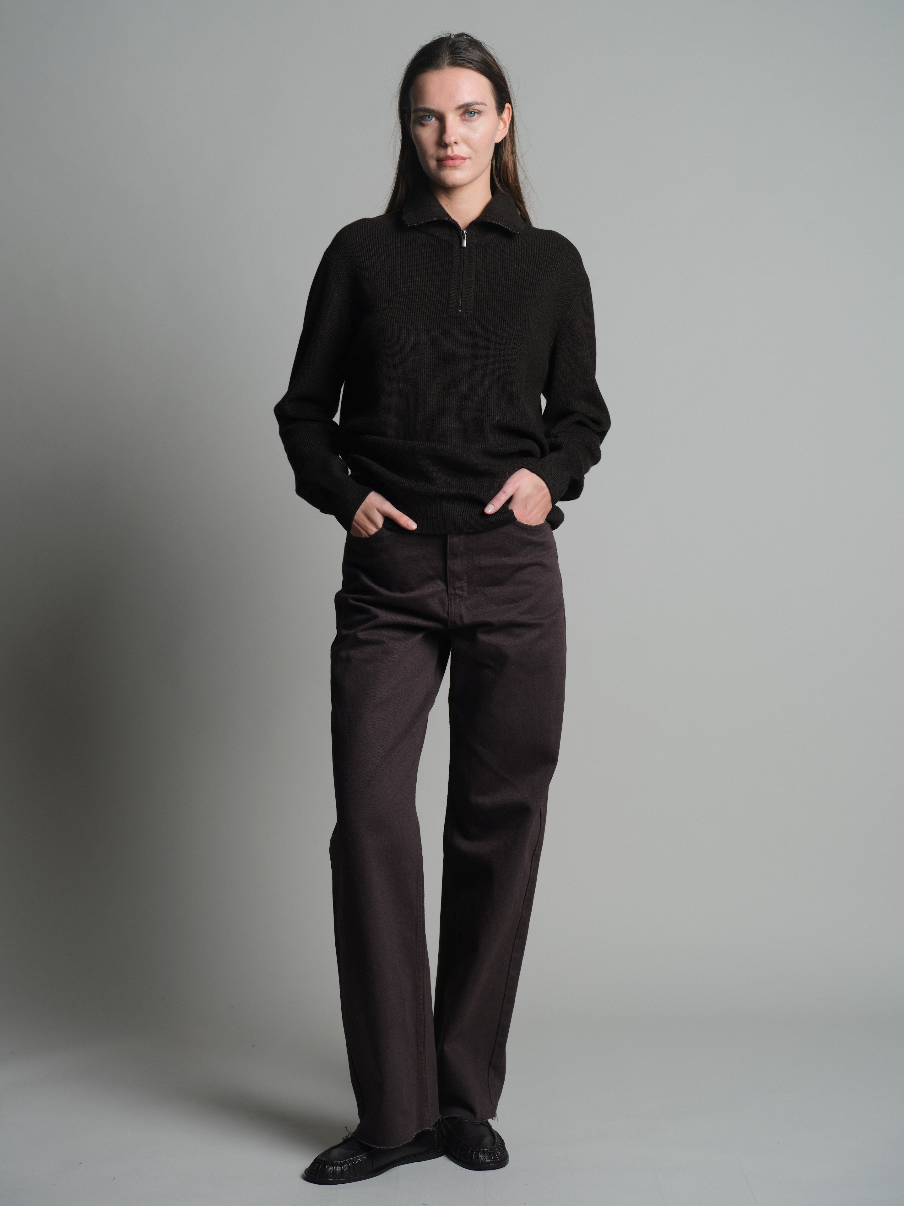 PAMUK YUKSEK YAKA FERMUARLI UNISEX KAZAK KAHVE