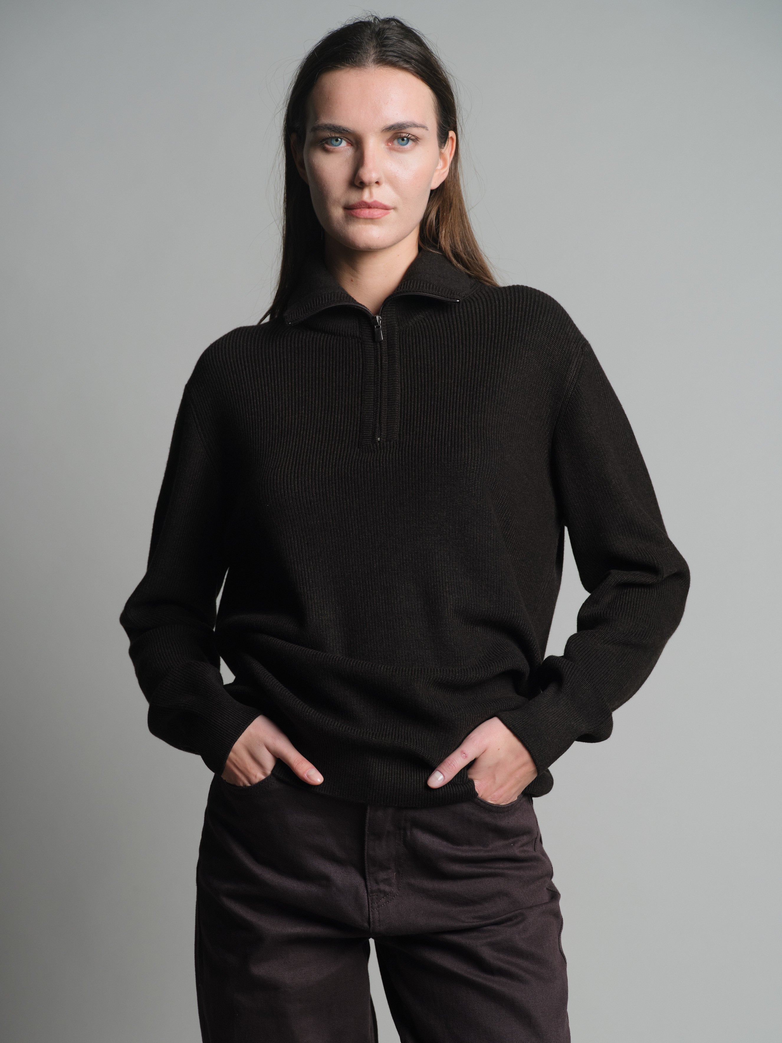 COTTON HIGH COLLAR ZIPPERED UNISEX SWEATER BROWN