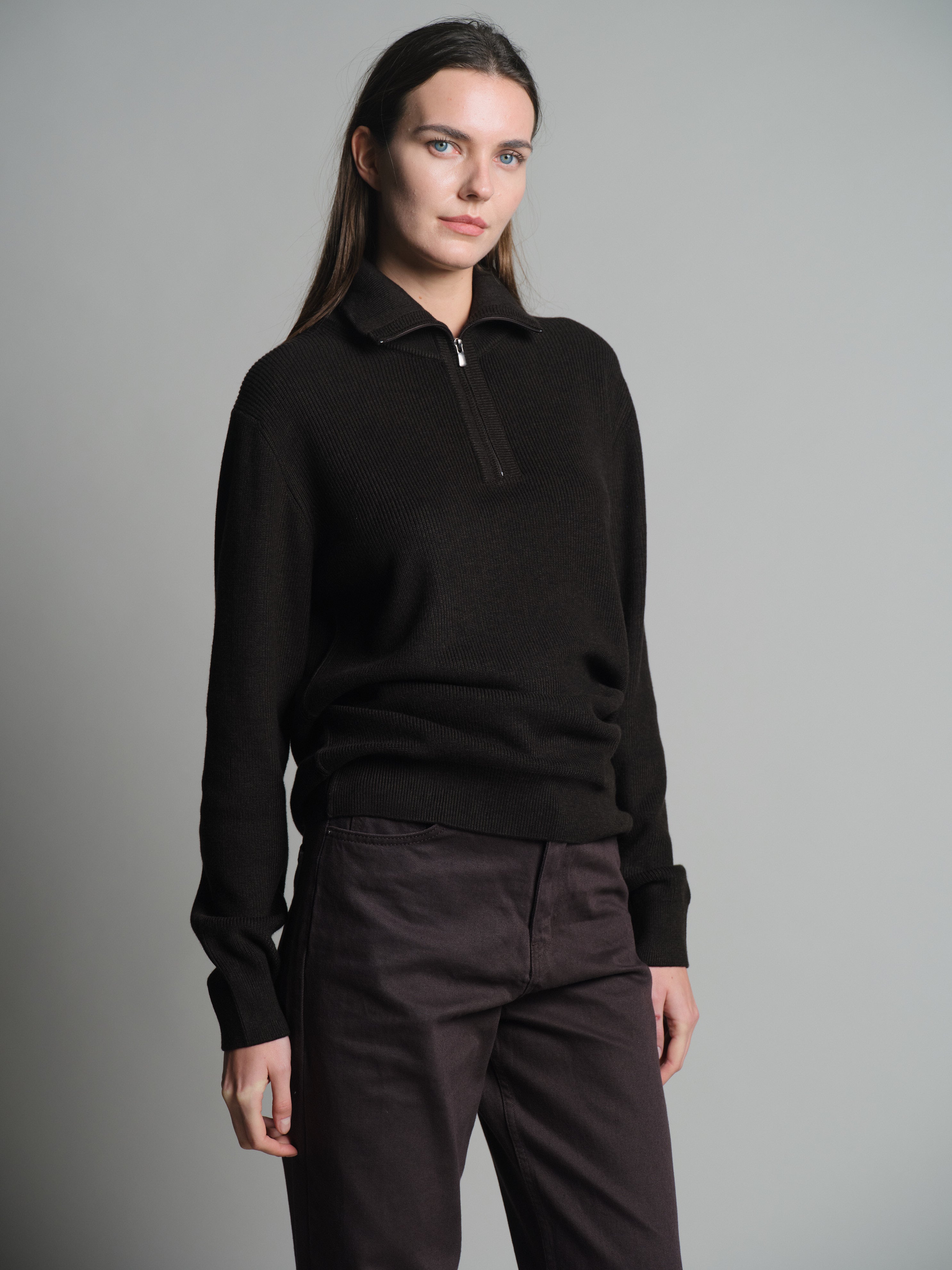 COTTON HIGH COLLAR ZIPPERED UNISEX SWEATER BROWN