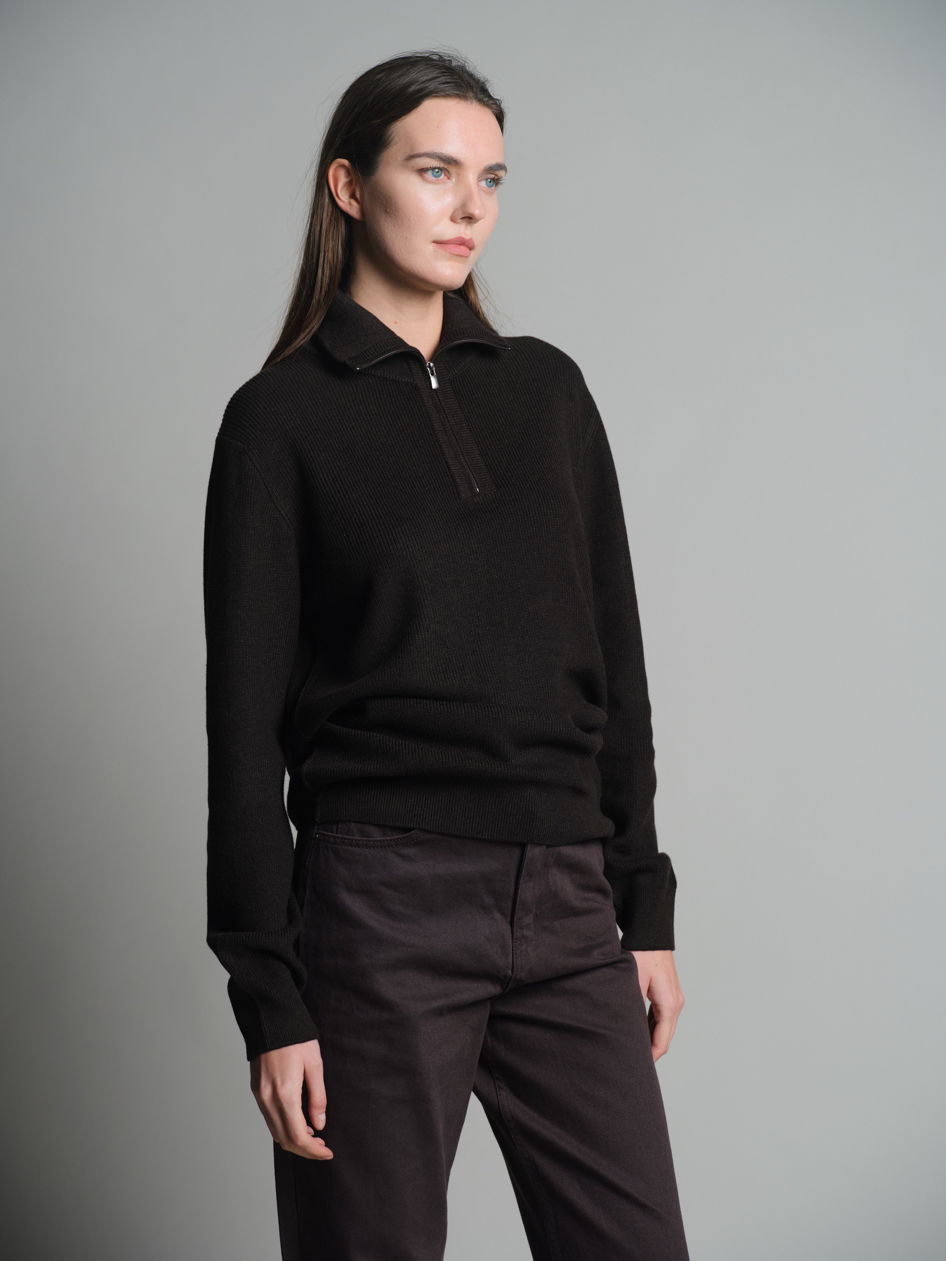 COTTON HIGH COLLAR ZIPPERED UNISEX SWEATER BROWN