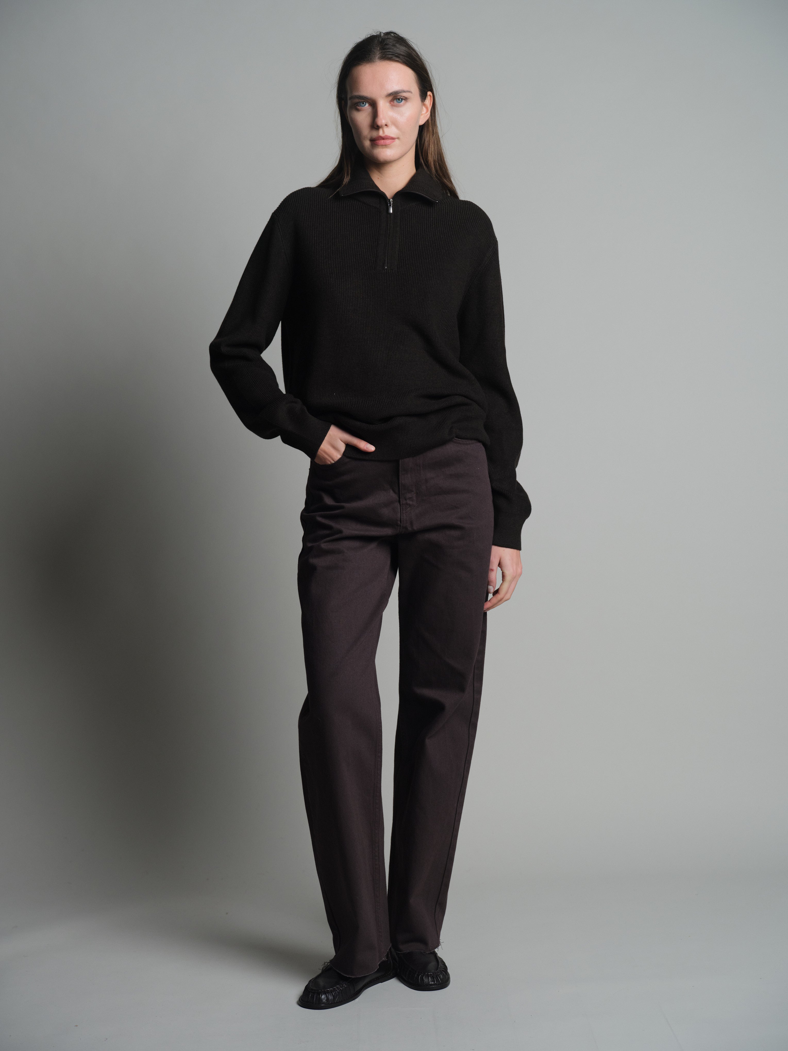 PAMUK YUKSEK YAKA FERMUARLI UNISEX KAZAK KAHVE