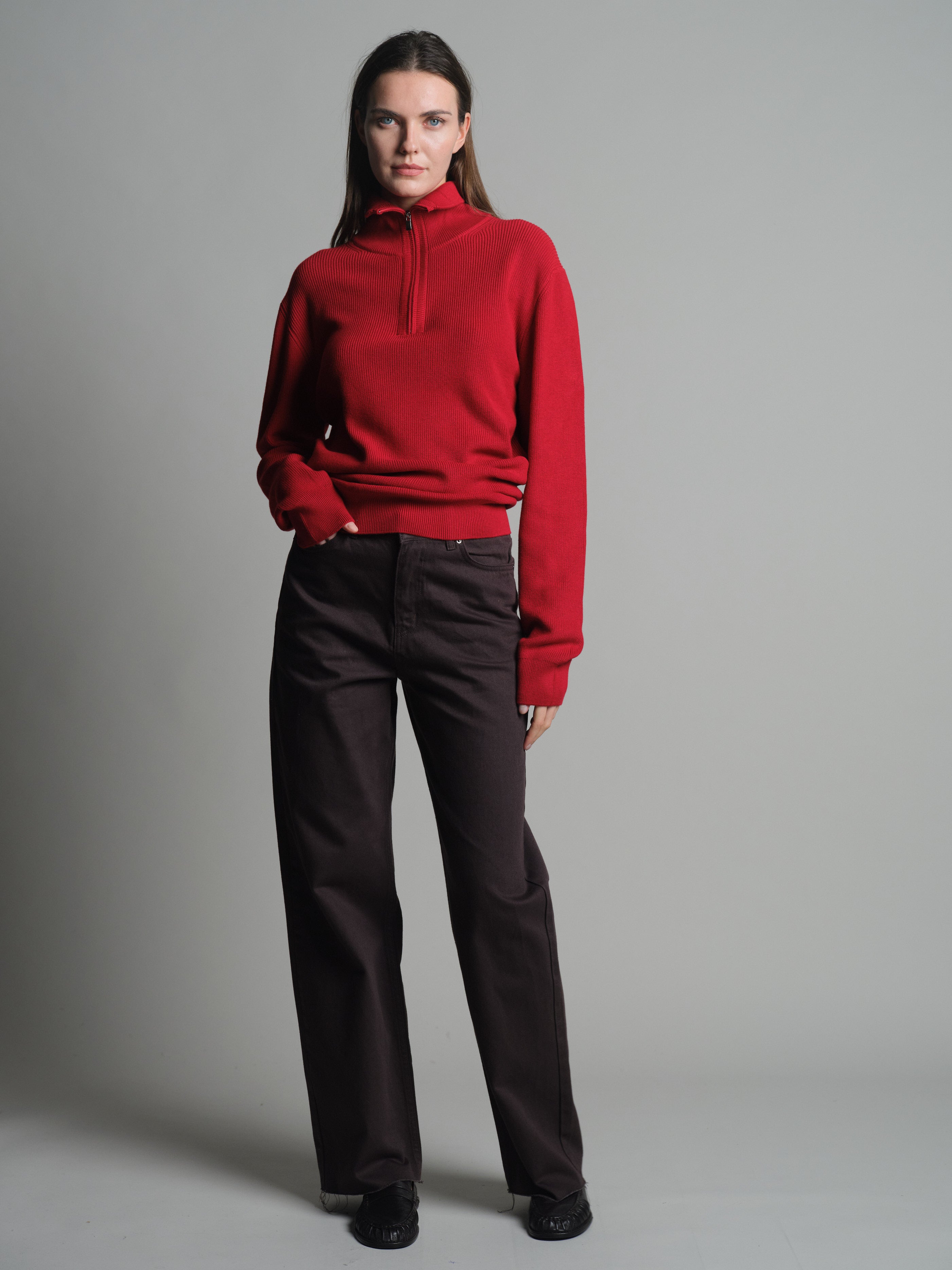 COTTON HIGH COLLAR ZIPPERED UNISEX SWEATER RED