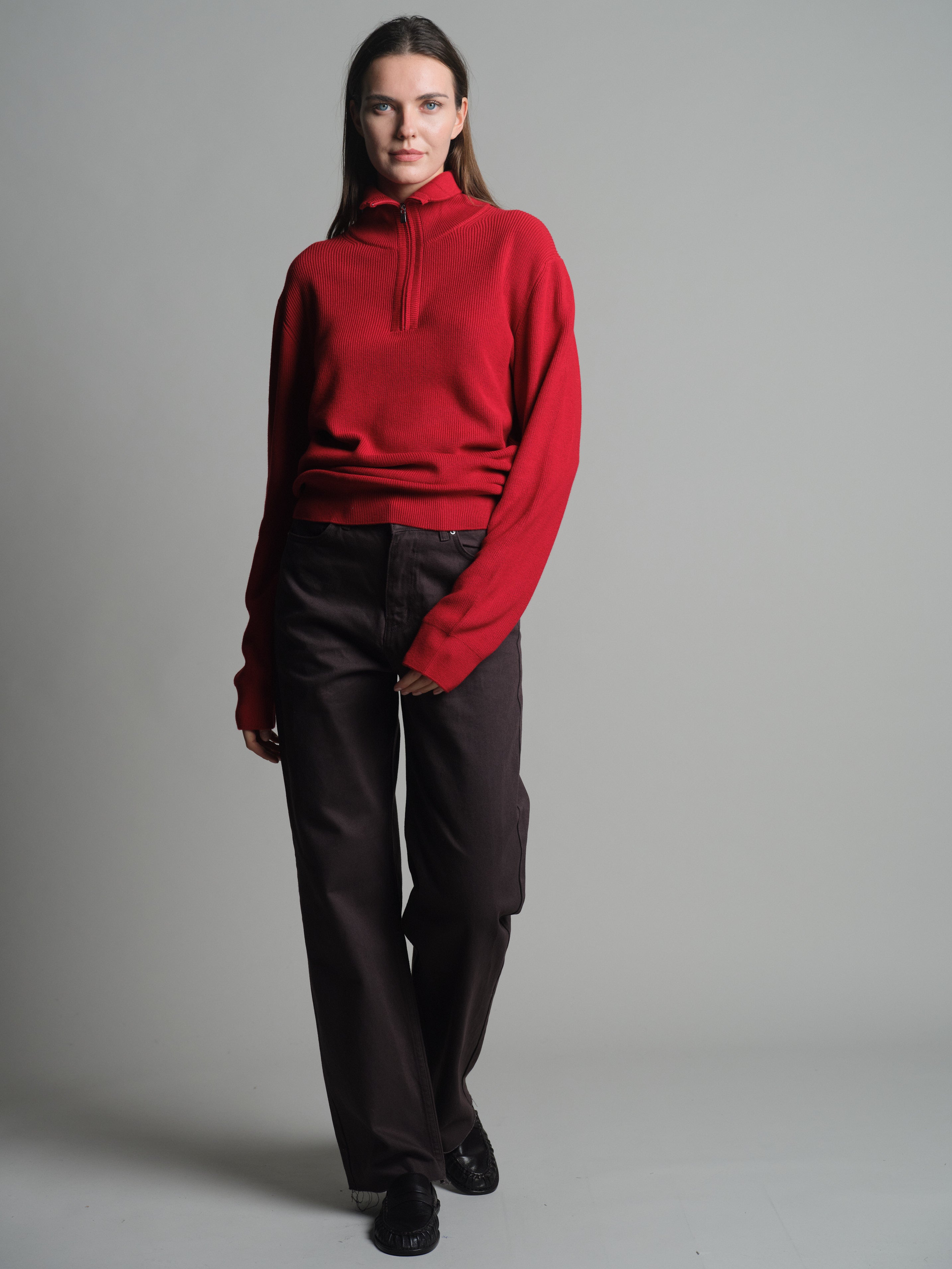 COTTON HIGH COLLAR ZIPPERED UNISEX SWEATER RED