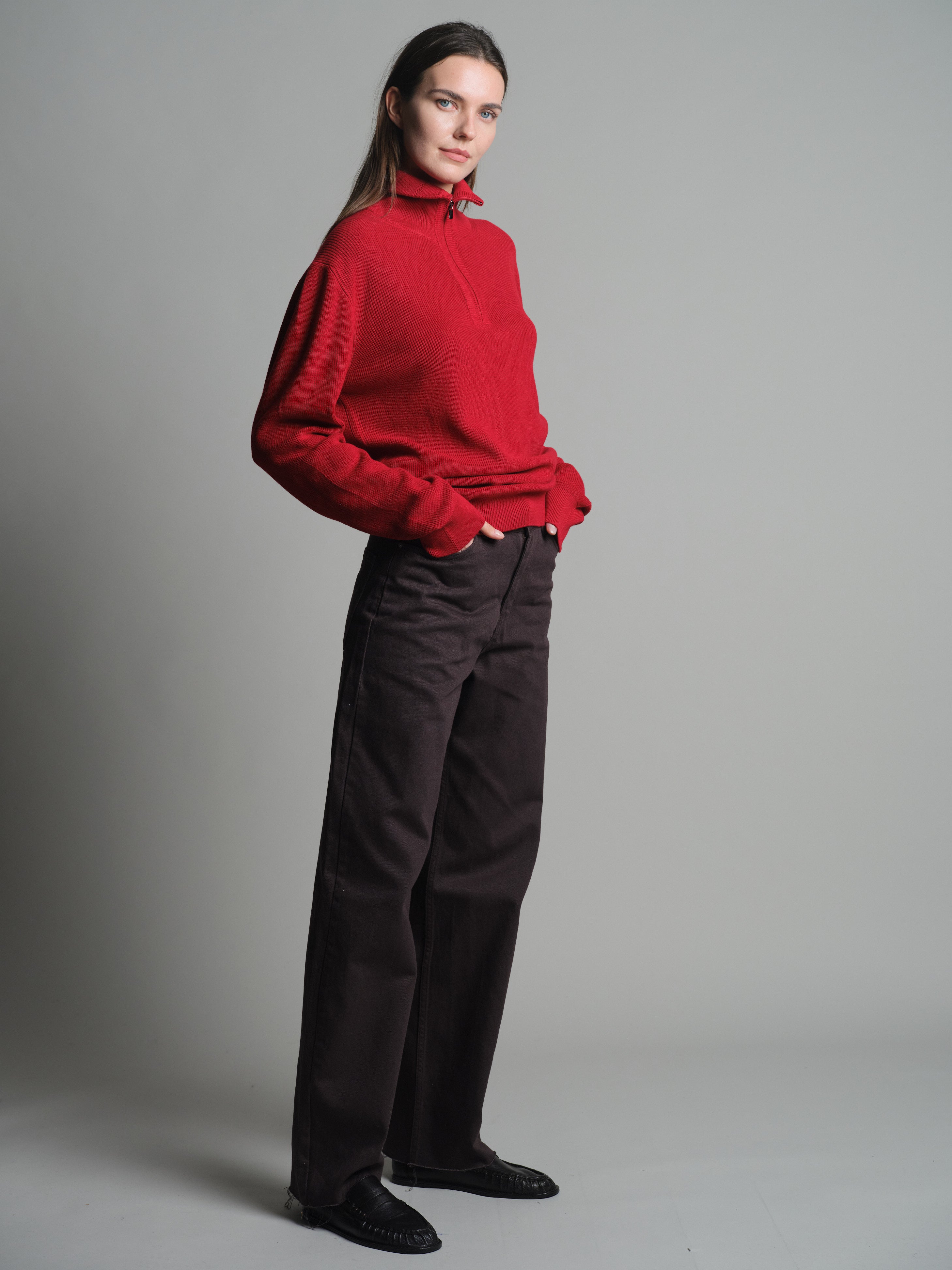 COTTON HIGH COLLAR ZIPPERED UNISEX SWEATER RED