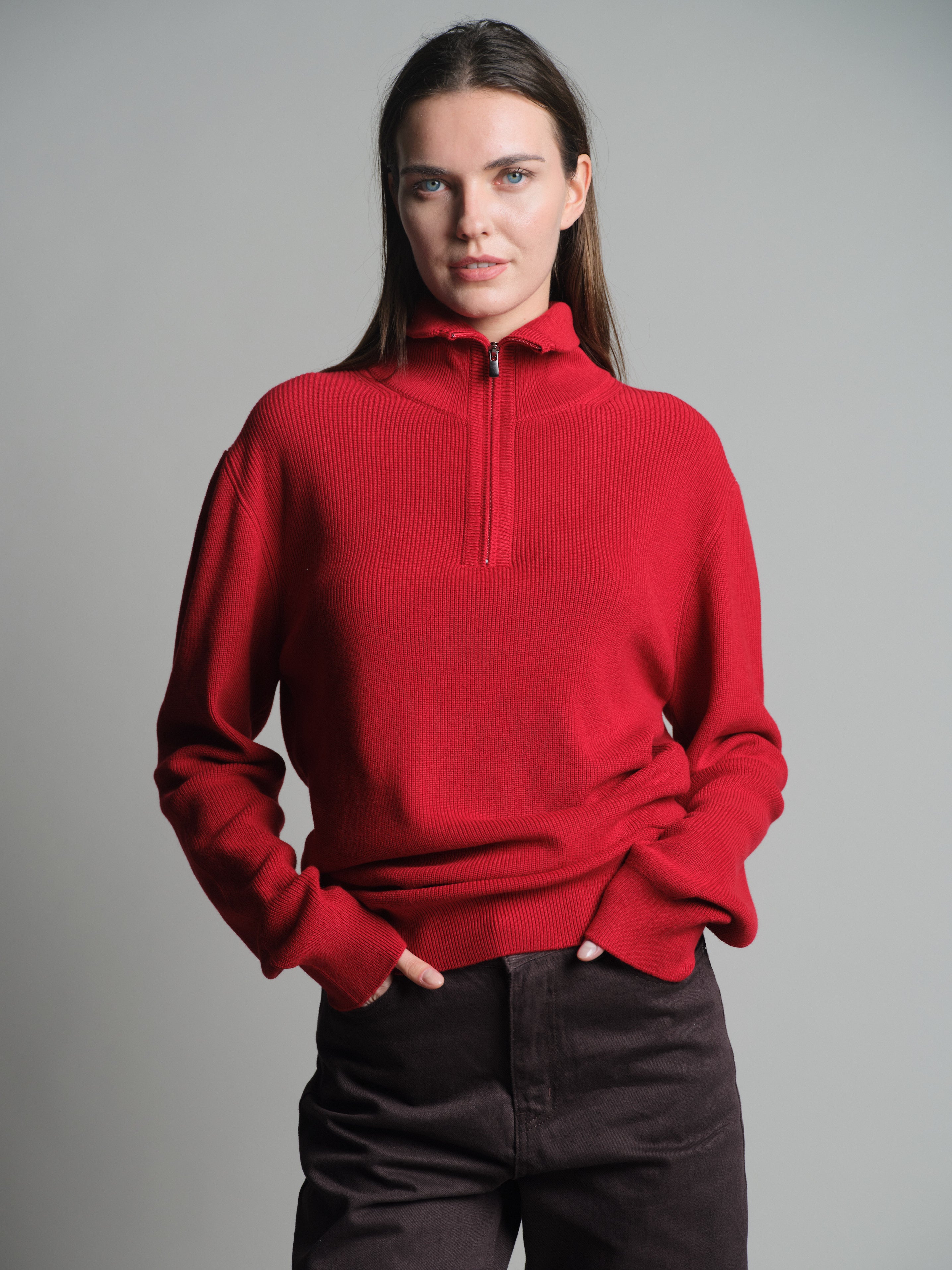 COTTON HIGH COLLAR ZIPPERED UNISEX SWEATER RED