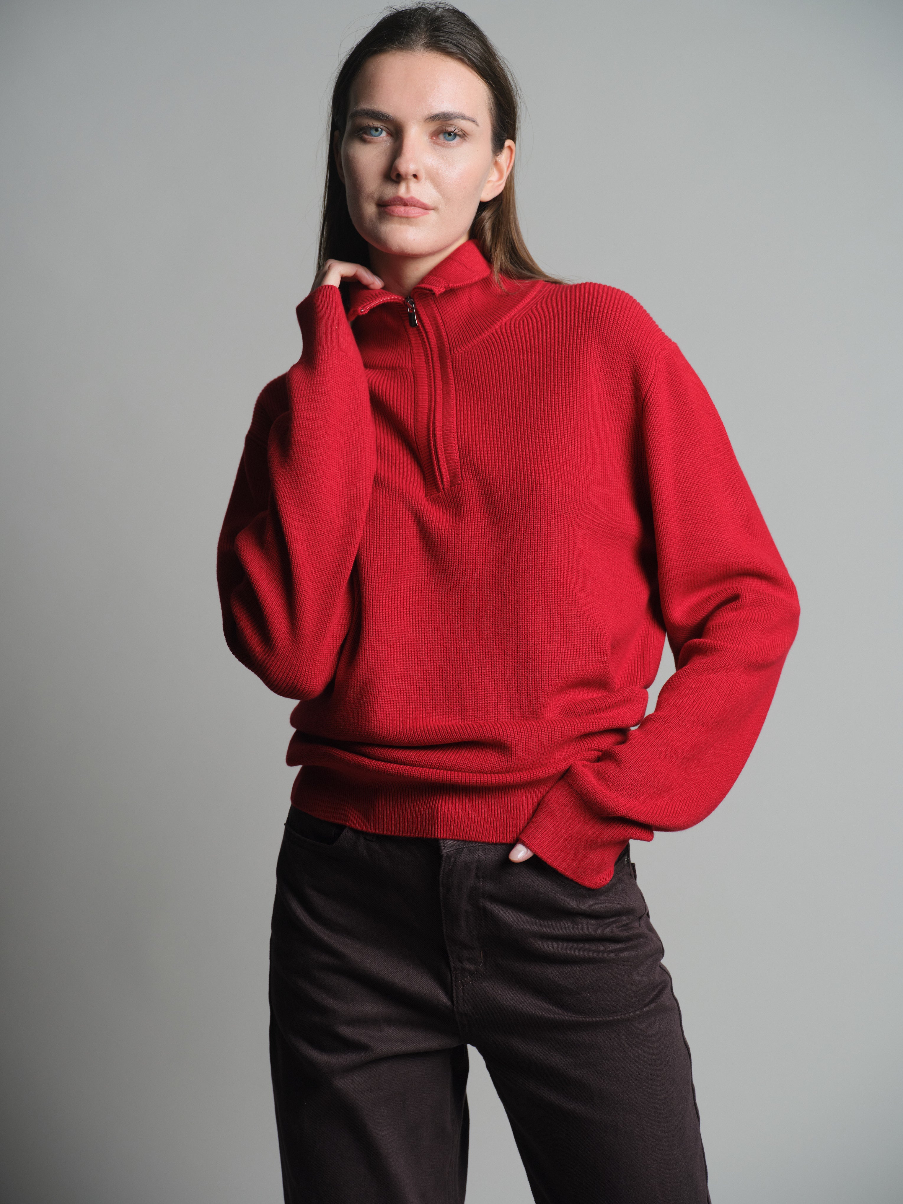 COTTON HIGH COLLAR ZIPPERED UNISEX SWEATER RED