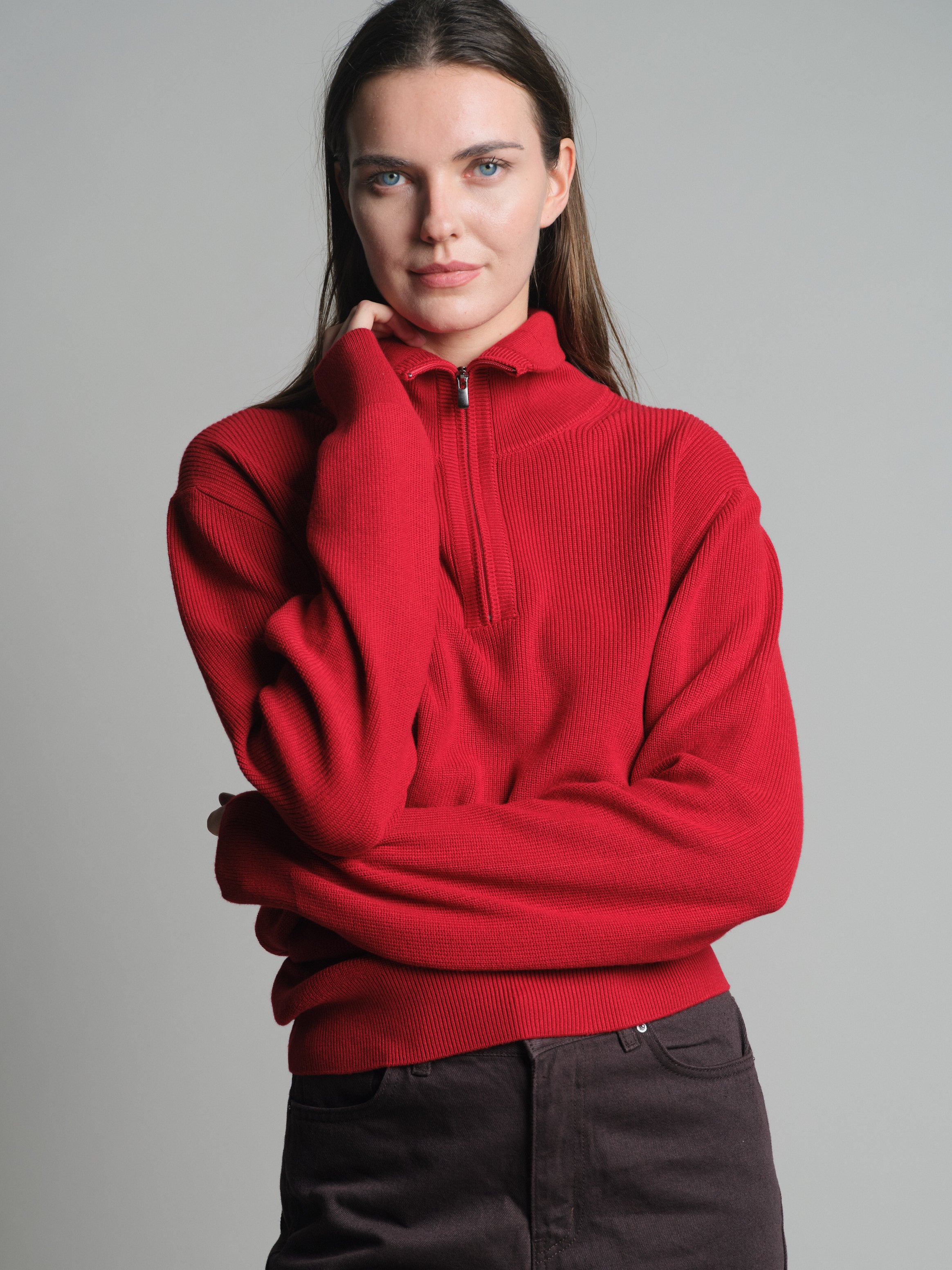 COTTON HIGH COLLAR ZIPPERED UNISEX SWEATER RED