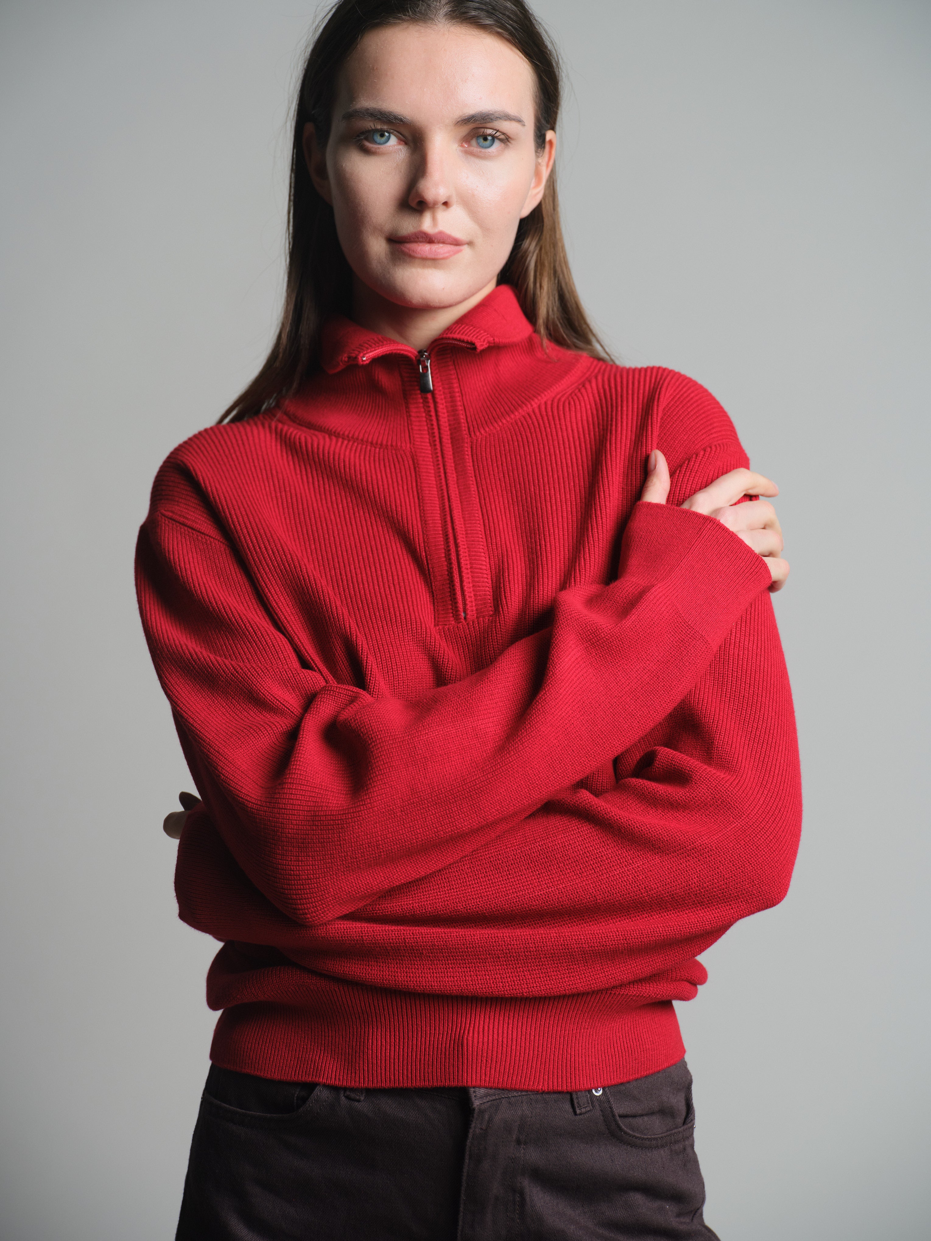 COTTON HIGH COLLAR ZIPPERED UNISEX SWEATER RED
