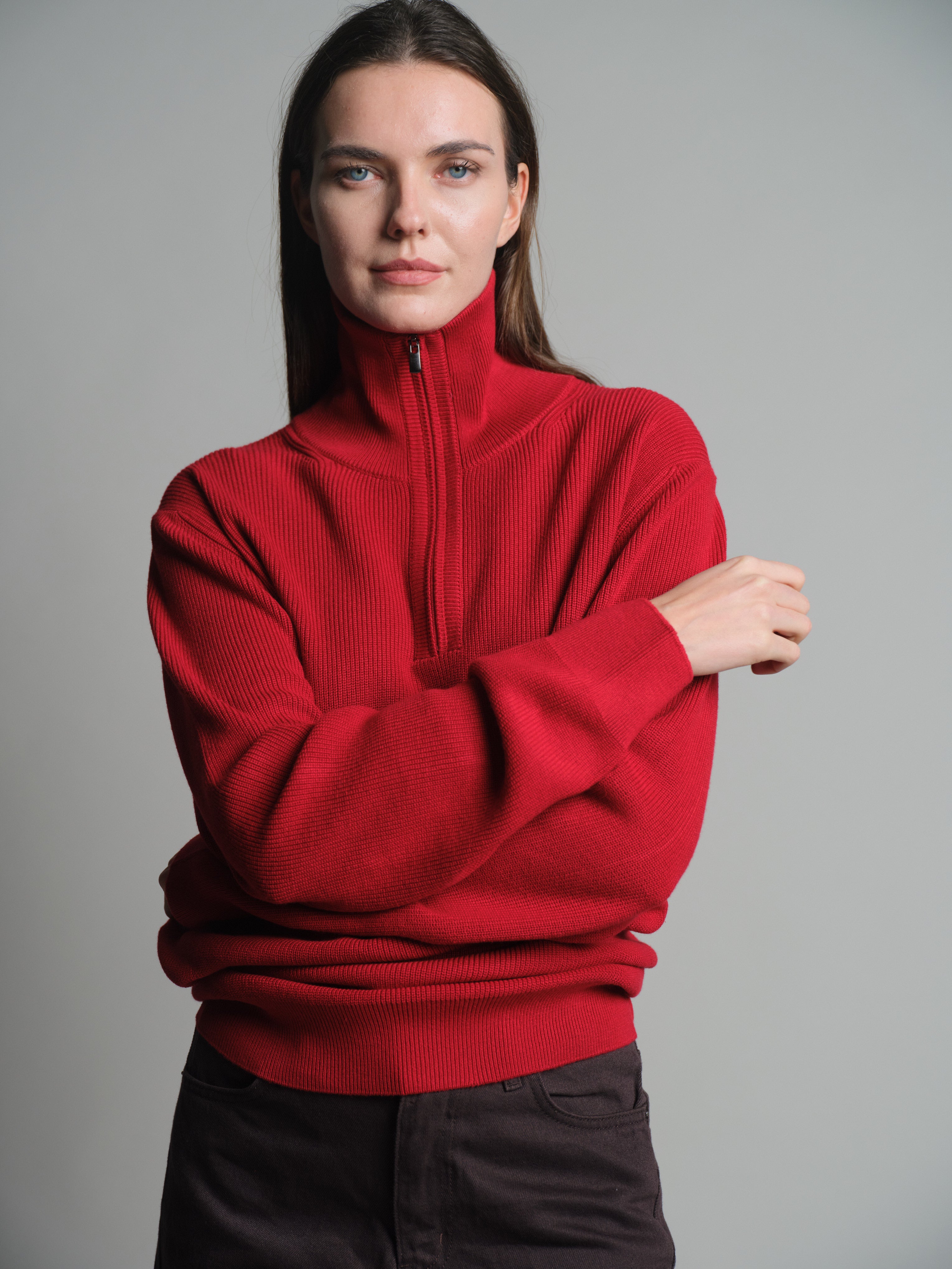 COTTON HIGH COLLAR ZIPPERED UNISEX SWEATER RED