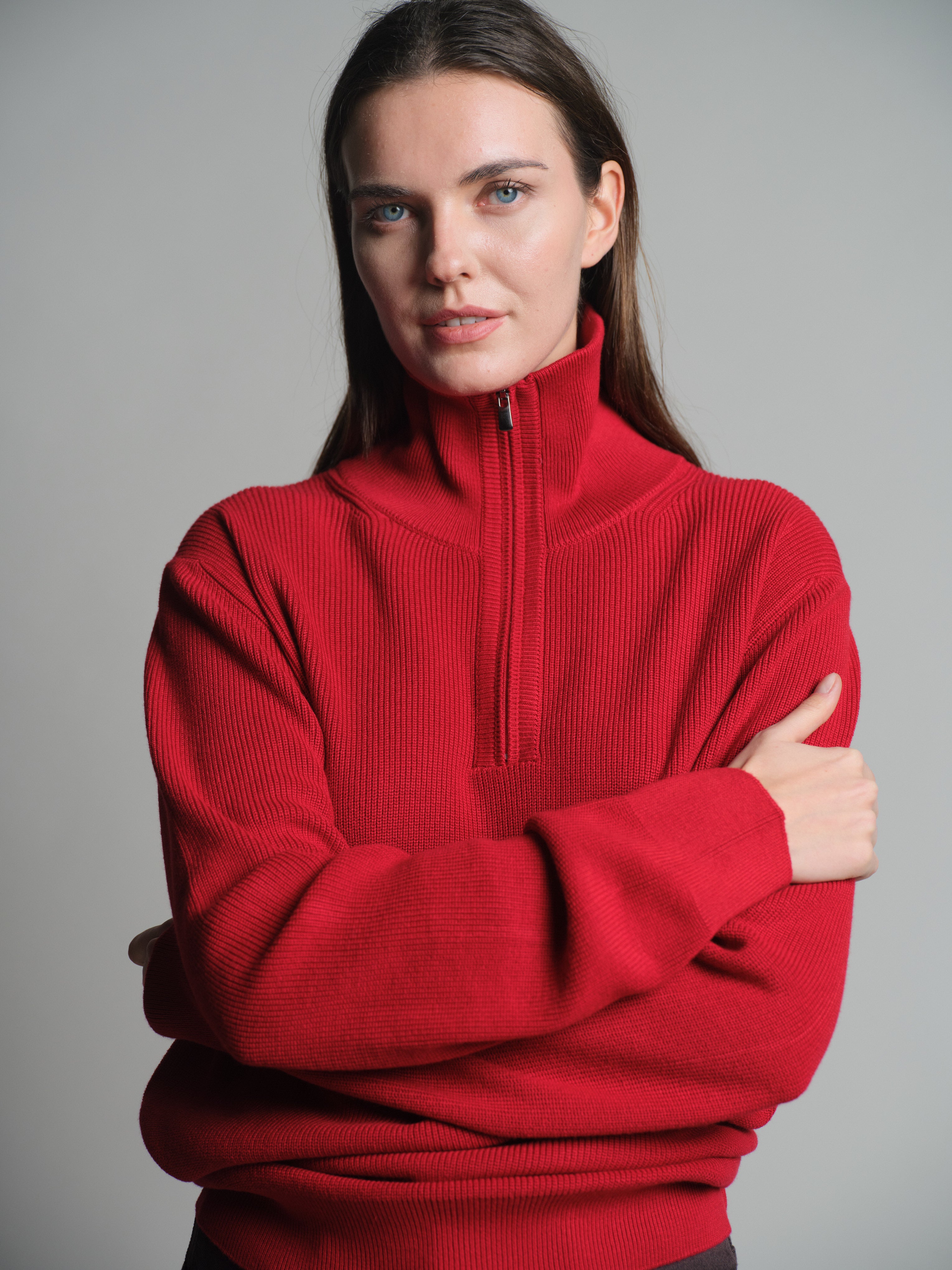 COTTON HIGH COLLAR ZIPPERED UNISEX SWEATER RED