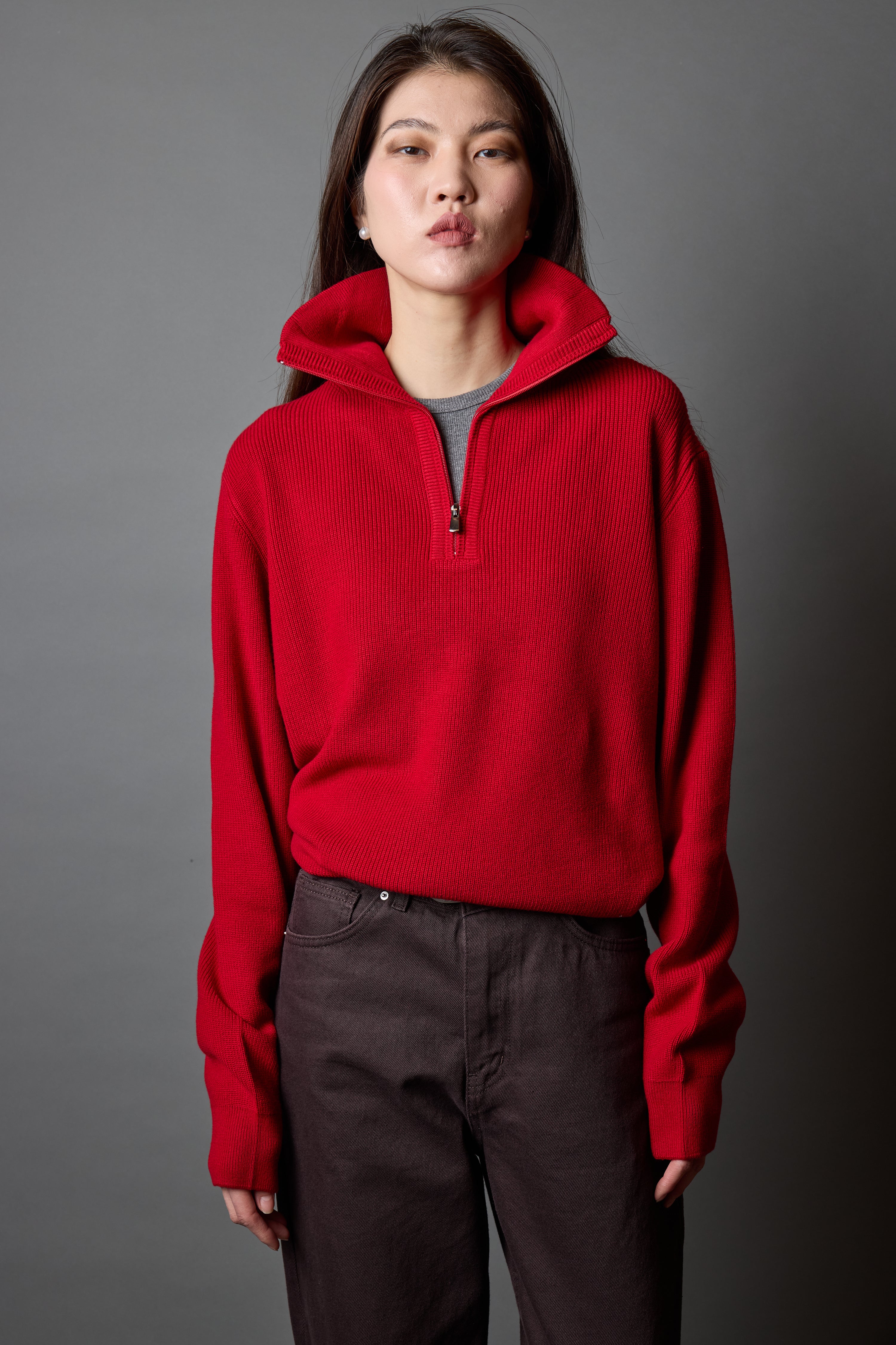 COTTON HIGH COLLAR ZIPPERED UNISEX SWEATER RED
