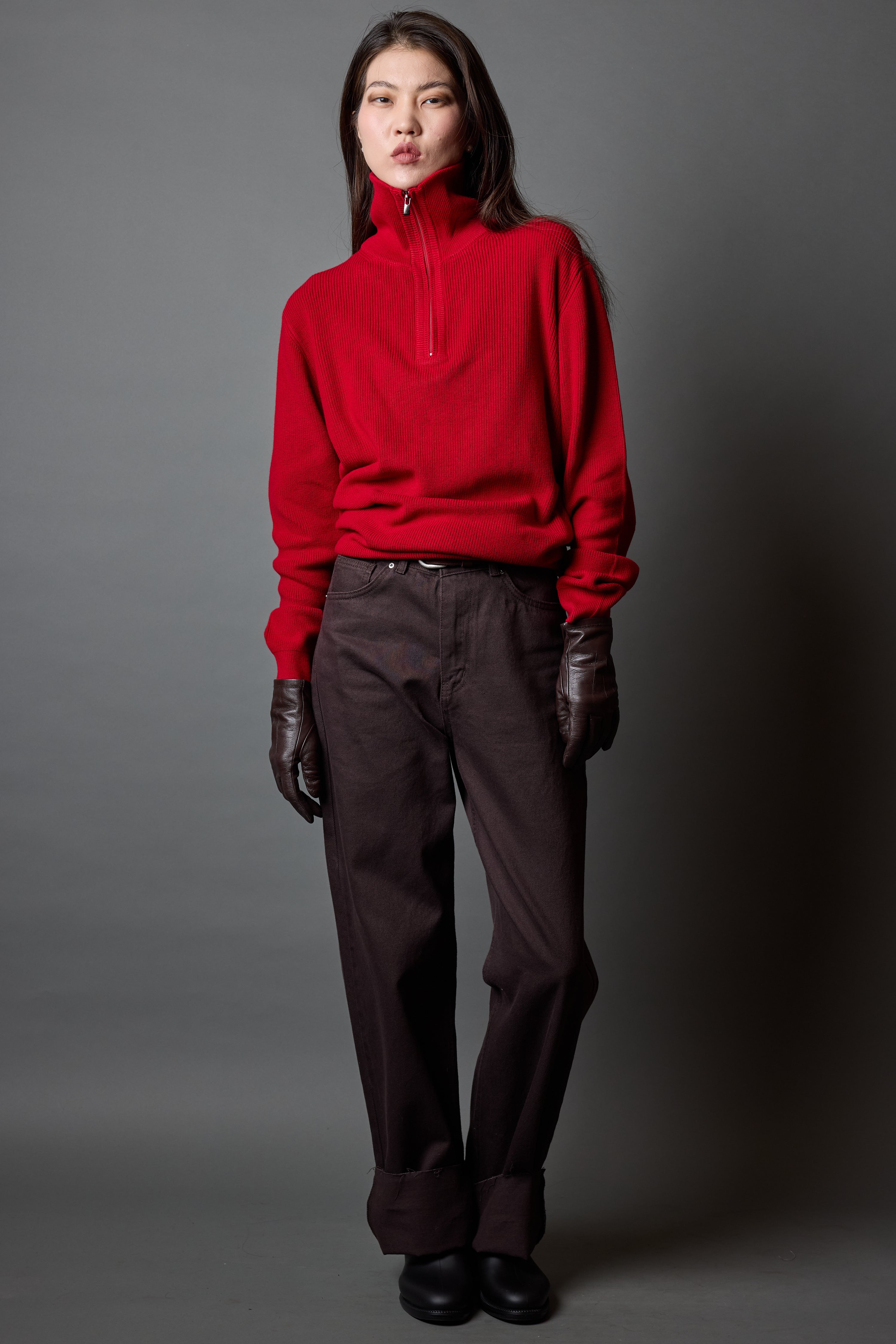 COTTON HIGH COLLAR ZIPPERED UNISEX SWEATER RED